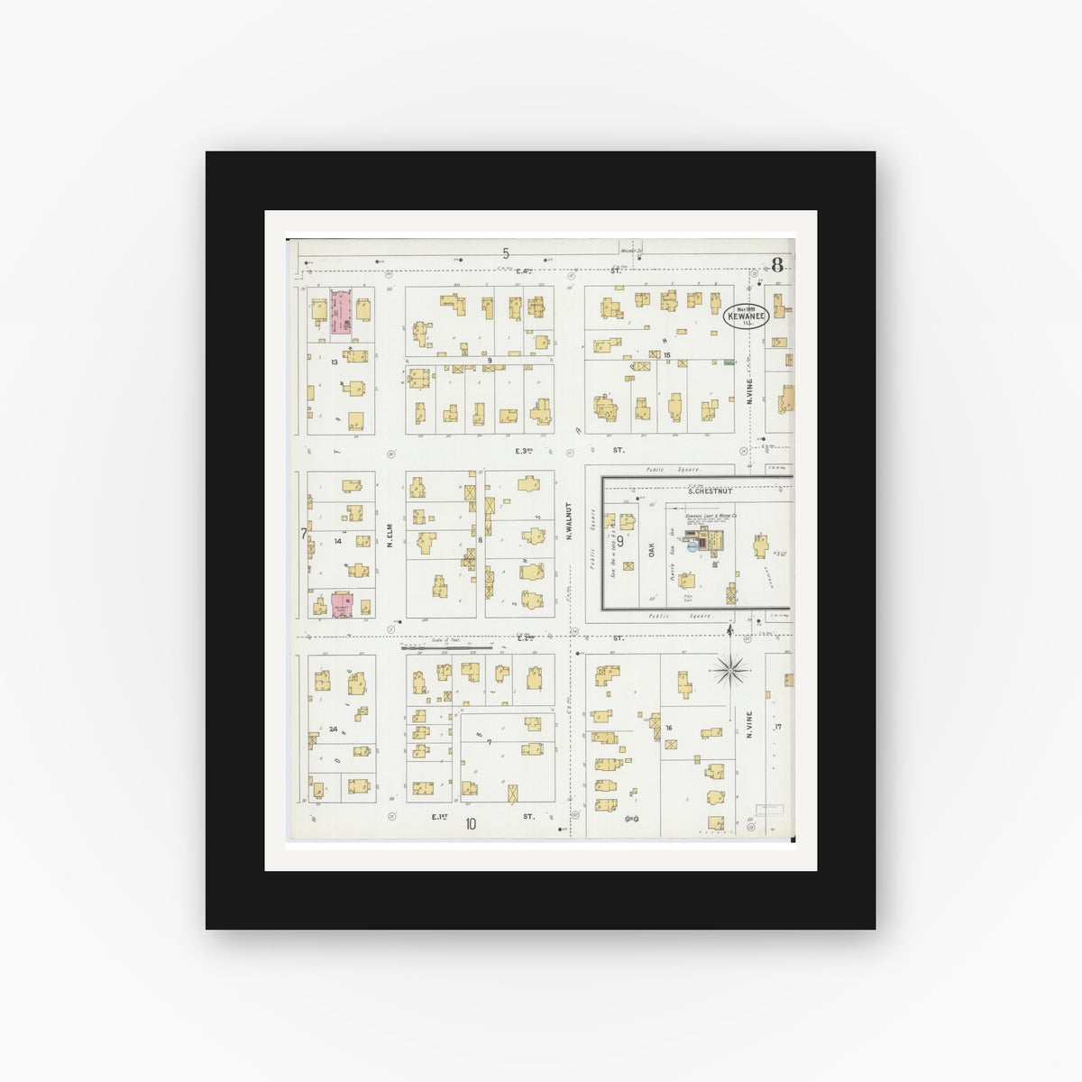 Old map wall art mockup — black gallery frame with white mat — Sanborn Fire Insurance Map from Kewanee, Henry County, Illinois (1899), Sheet #0008