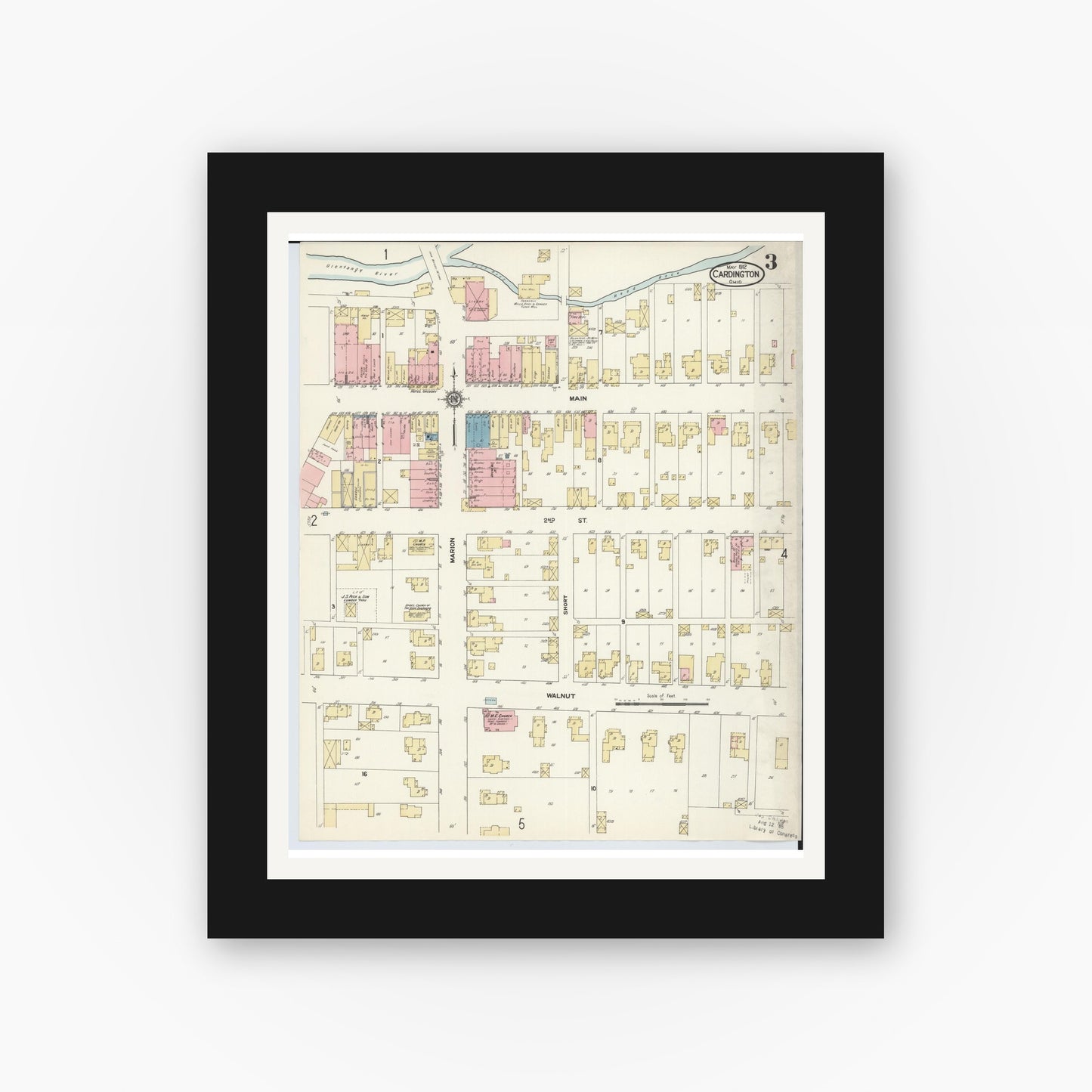 Old map wall art mockup — black gallery frame with white mat — Sanborn Fire Insurance Map from Cardington, Morrow County, Ohio (1912), Sheet #0003