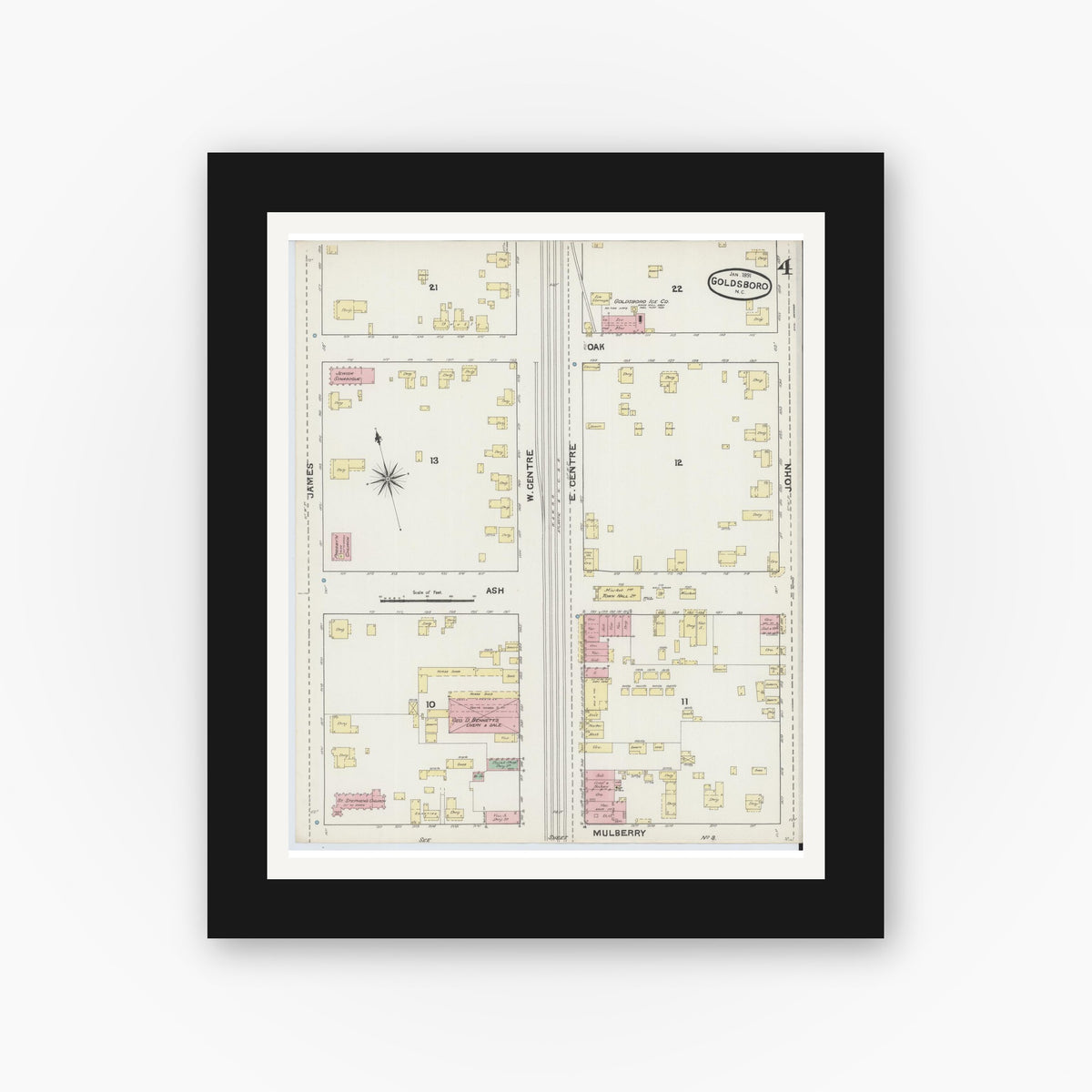 Old map wall art mockup — black gallery frame with white mat — Sanborn Fire Insurance Map from Goldsboro, Wayne County, North Carolina (1891), Sheet #0004