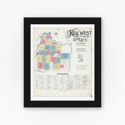 Old map wall art mockup — black gallery frame with white mat — Sanborn Fire Insurance Map from Key West, Monroe County, Florida (1892) - Complete Map Set