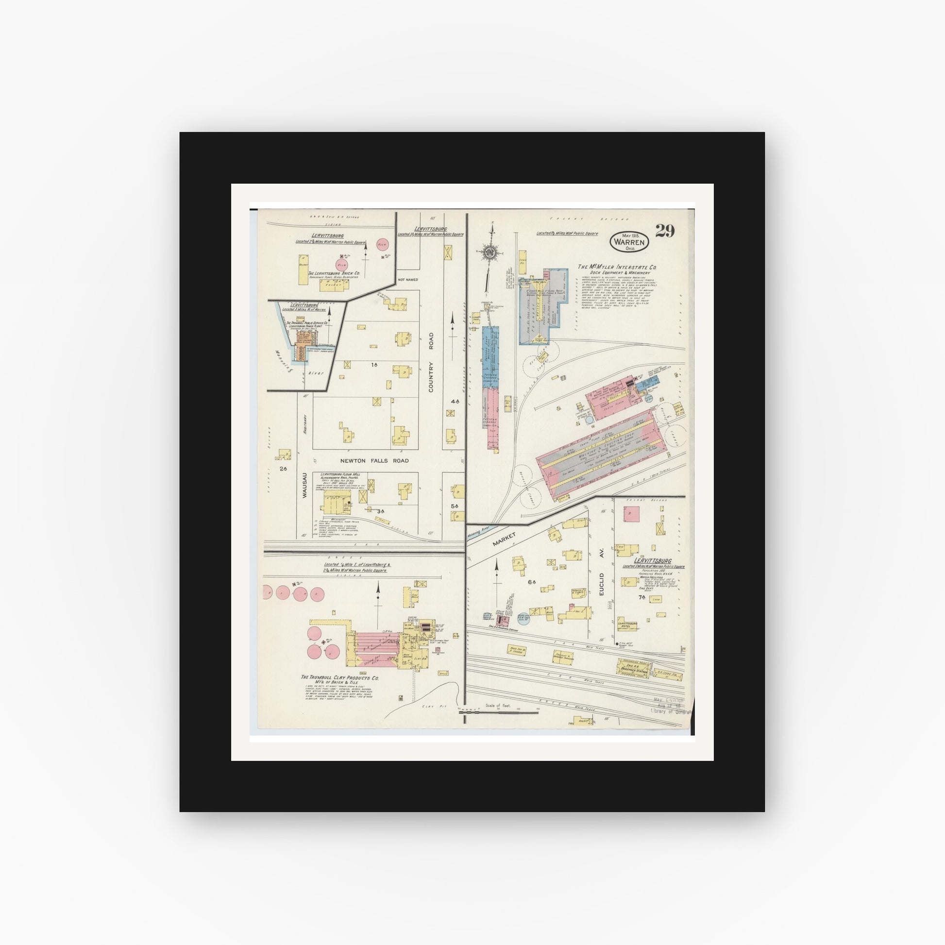 Old map wall art mockup — black gallery frame with white mat — Sanborn Fire Insurance Map from Warren, Trumbull County, Ohio (1915), Sheet #0029