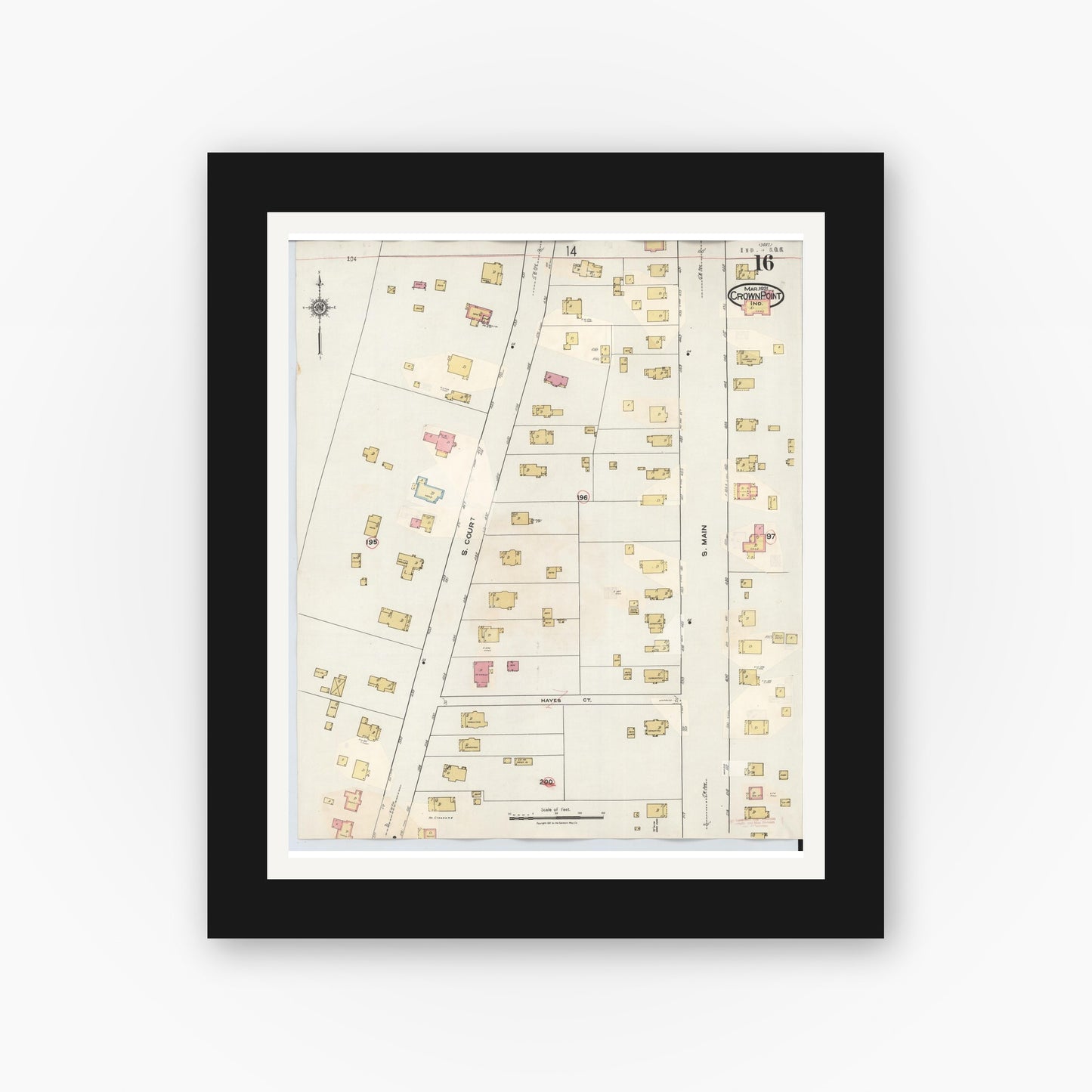 Old map wall art mockup — black gallery frame with white mat — Sanborn Fire Insurance Map from Crown Point, Lake County, Indiana (1948), Sheet #0016