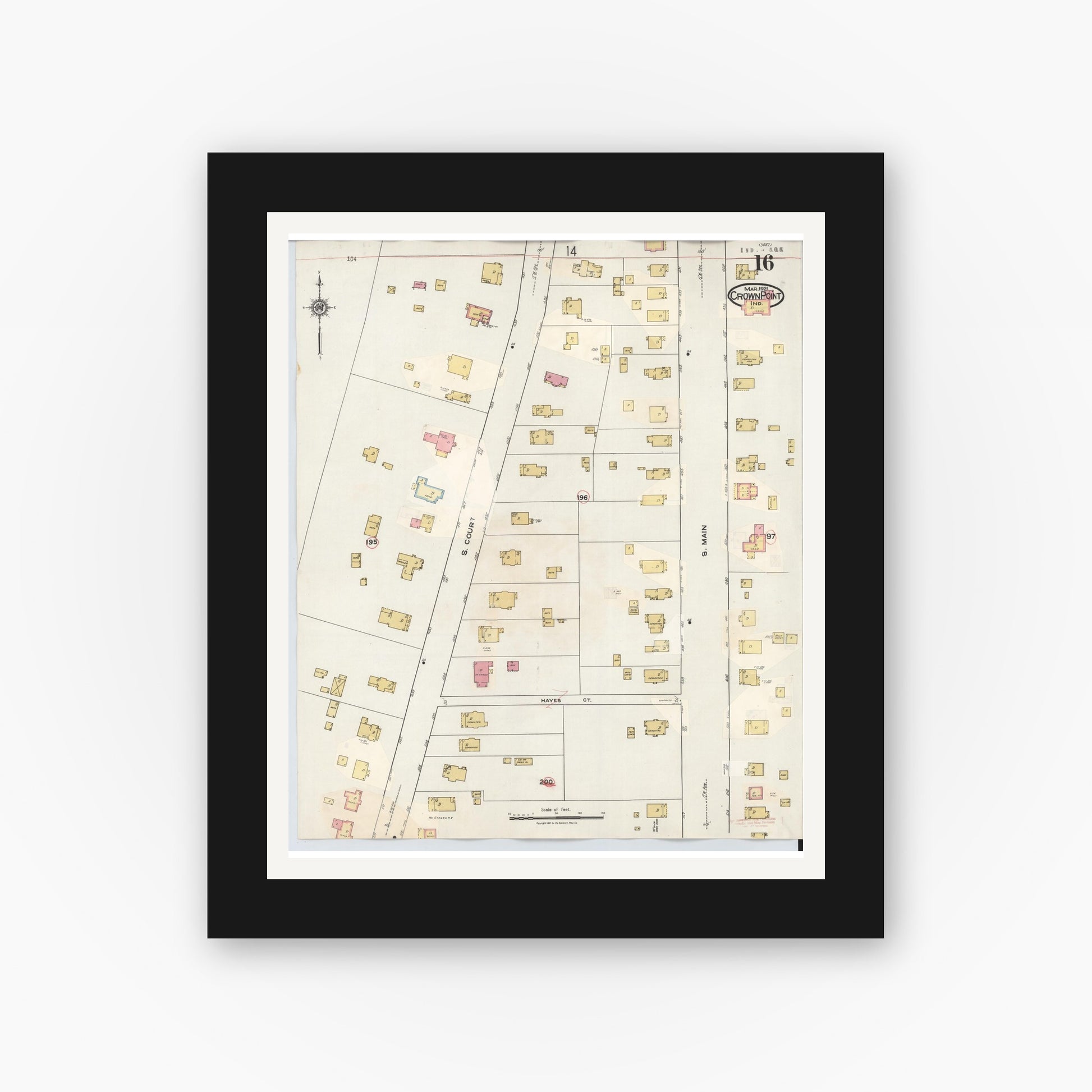 Old map wall art mockup — black gallery frame with white mat — Sanborn Fire Insurance Map from Crown Point, Lake County, Indiana (1948), Sheet #0016