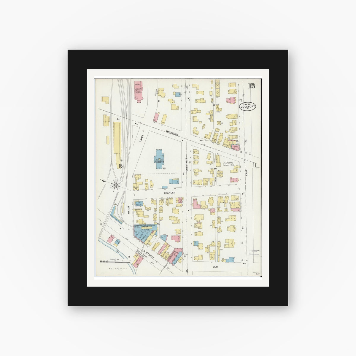 Old map wall art mockup — black gallery frame with white mat — Sanborn Fire Insurance Map from Lockport, Niagara County, New York (1898), Sheet #0015