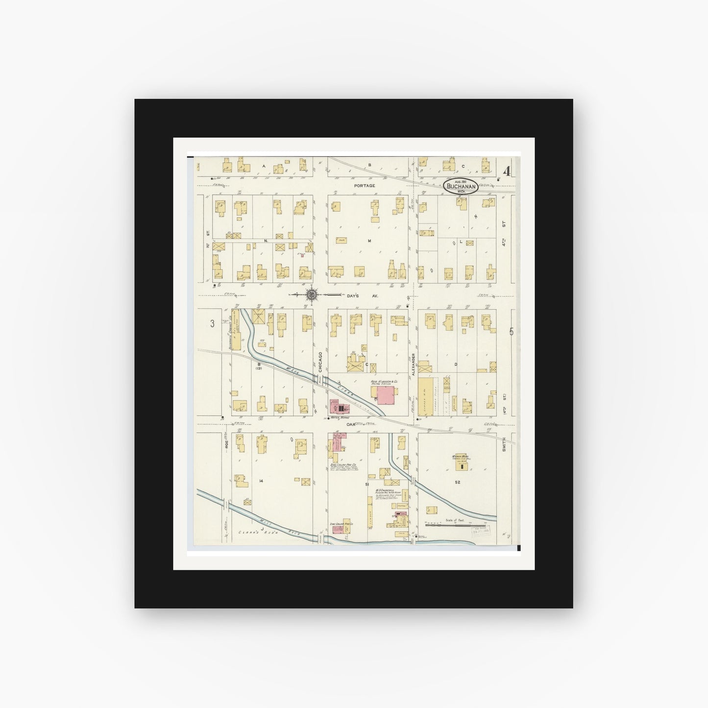Old map wall art mockup — black gallery frame with white mat — Sanborn Fire Insurance Map from Buchanan, Berrien County, Michigan (1911), Sheet #0004