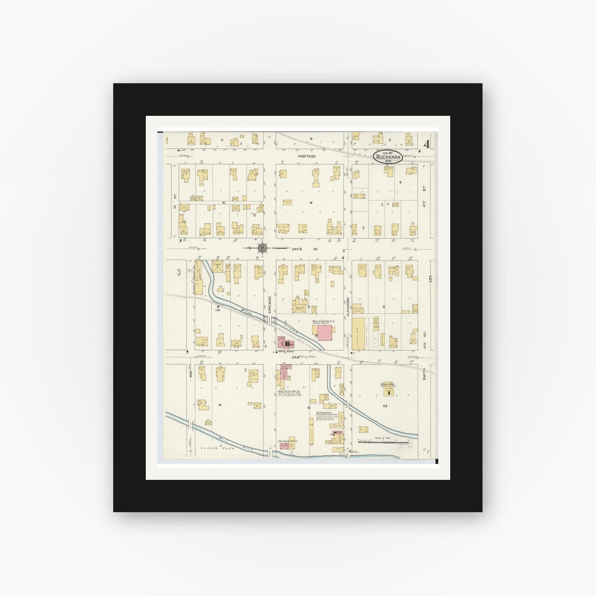 Old map wall art mockup — black gallery frame with white mat — Sanborn Fire Insurance Map from Buchanan, Berrien County, Michigan (1911), Sheet #0004
