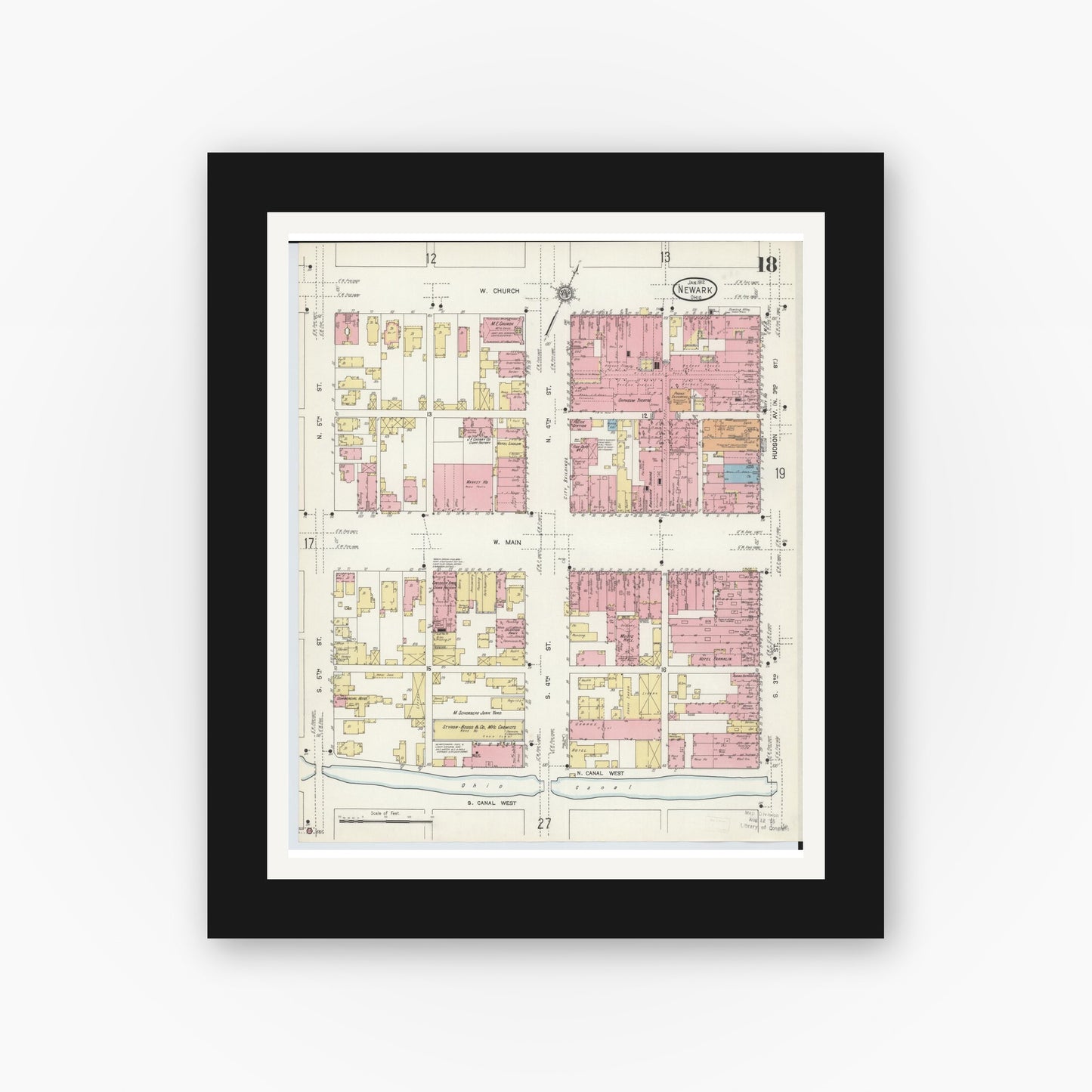 Old map wall art mockup — black gallery frame with white mat — Sanborn Fire Insurance Map from Newark, Licking County, Ohio (1912), Sheet #0018