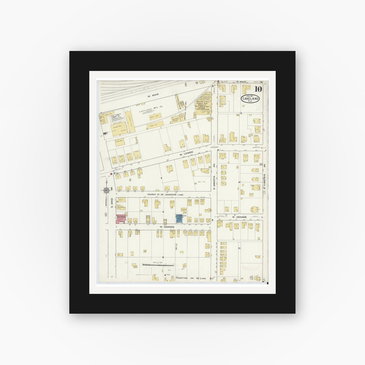 Old map wall art mockup — black gallery frame with white mat — Sanborn Fire Insurance Map from Lakeland, Polk County, Florida (1917), Sheet #0010