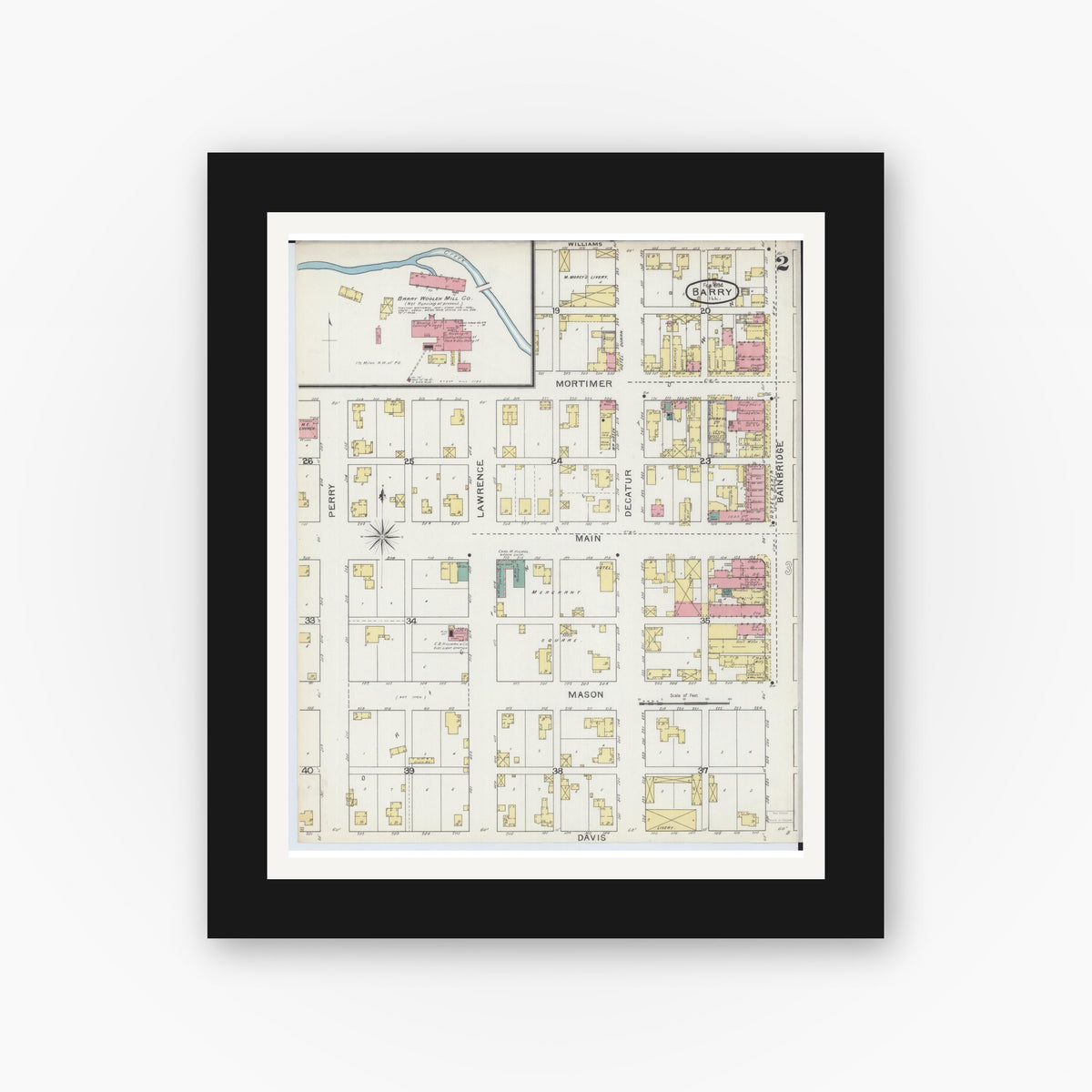 Old map wall art mockup — black gallery frame with white mat — Sanborn Fire Insurance Map from Barry, Pike County, Illinois (1894), Sheet #0002