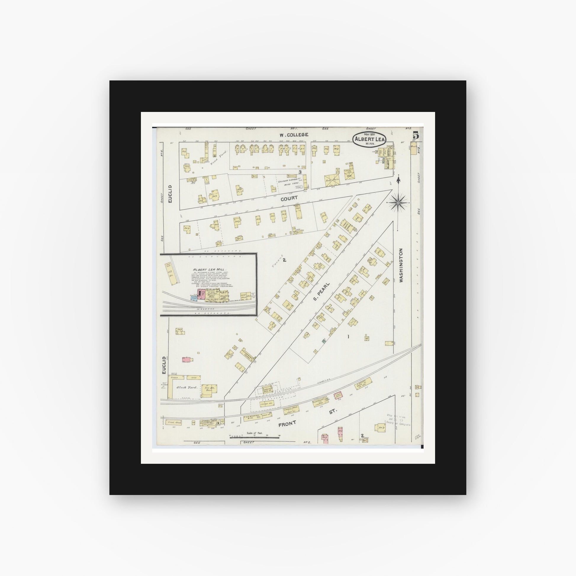 Old map wall art mockup — black gallery frame with white mat — Sanborn Fire Insurance Map from Albert Lea, Freeborn County, Minnesota (1891), Sheet #0005