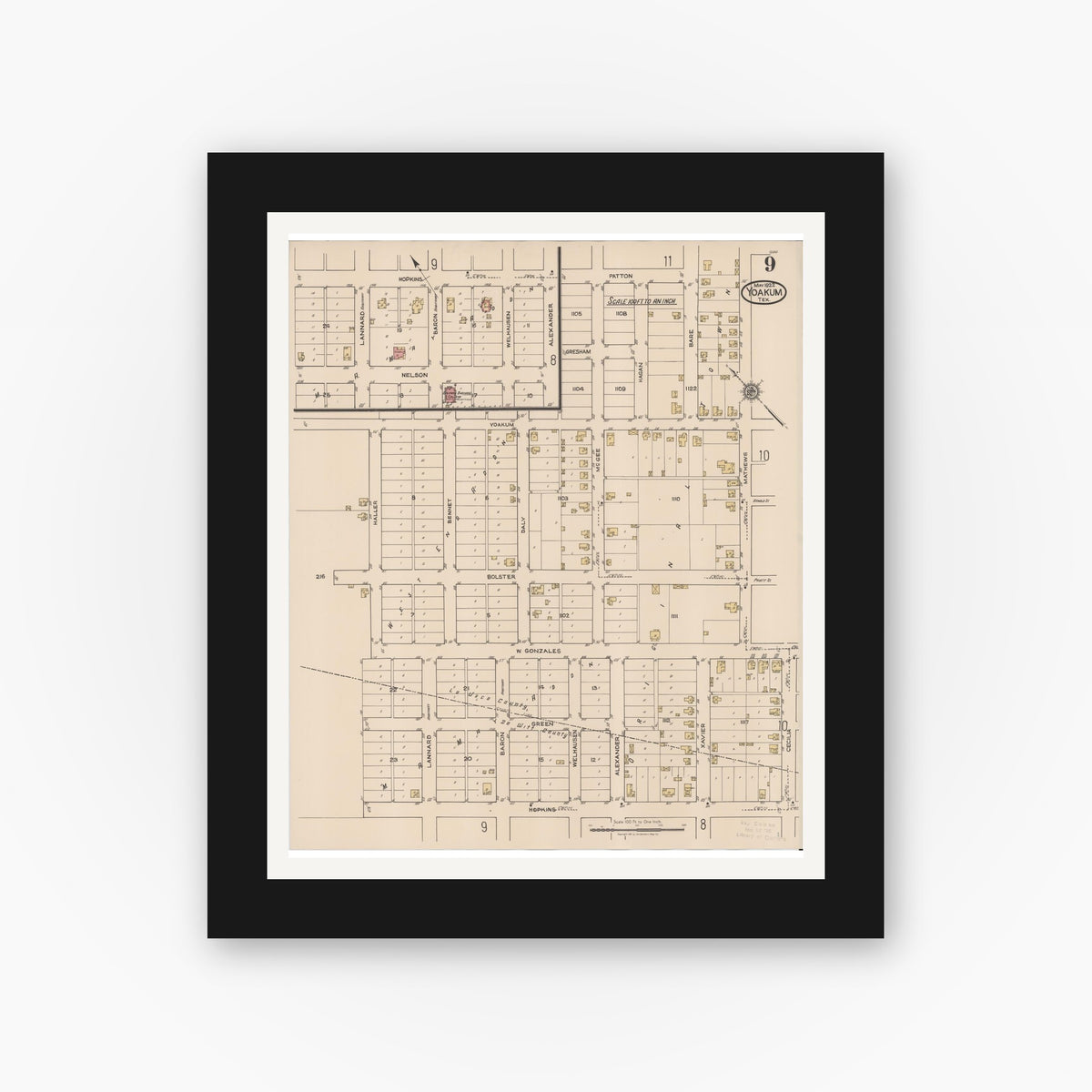 Old map wall art mockup — black gallery frame with white mat — Sanborn Fire Insurance Map from Yoakum, De Witt And Lavaca Counties, Texas (1922), Sheet #0009