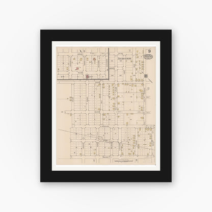 Old map wall art mockup — black gallery frame with white mat — Sanborn Fire Insurance Map from Yoakum, De Witt And Lavaca Counties, Texas (1922), Sheet #0009