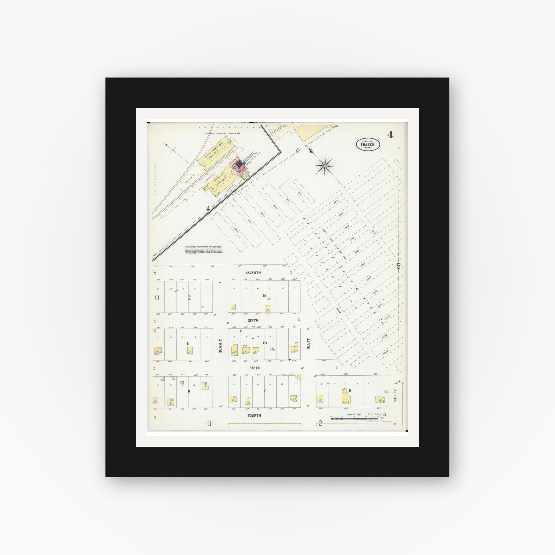 Old map wall art mockup — black gallery frame with white mat — Sanborn Fire Insurance Map from Frazee, Becker County, Minnesota (1907), Sheet #0004
