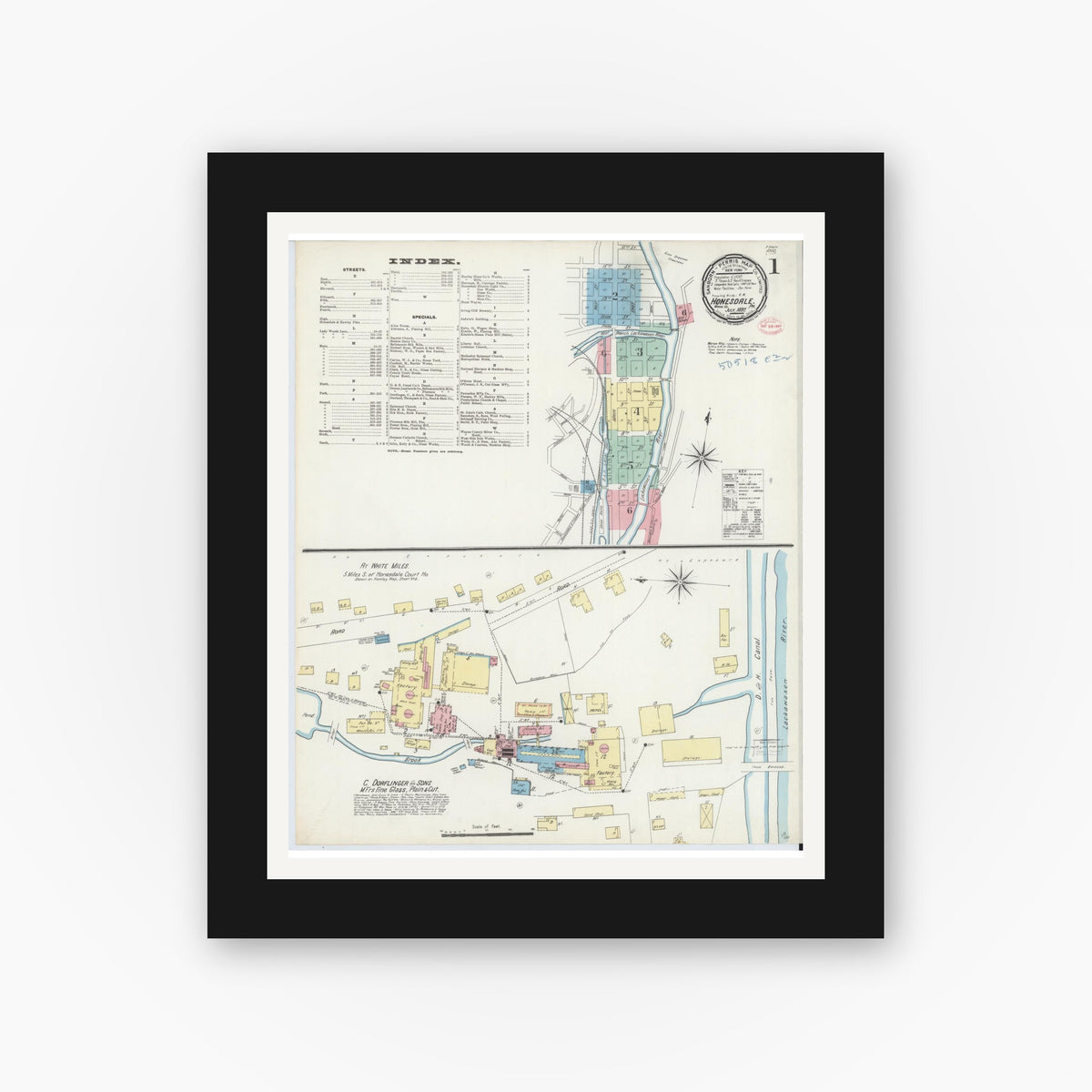Old map wall art mockup — black gallery frame with white mat — Sanborn Fire Insurance Map from Honesdale, Wayne County, Pennsylvania (1897), Sheet #0001