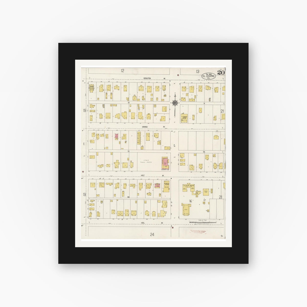 Old map wall art mockup — black gallery frame with white mat — Sanborn Fire Insurance Map from El Centro, Imperial County, California (1922), Sheet #0020