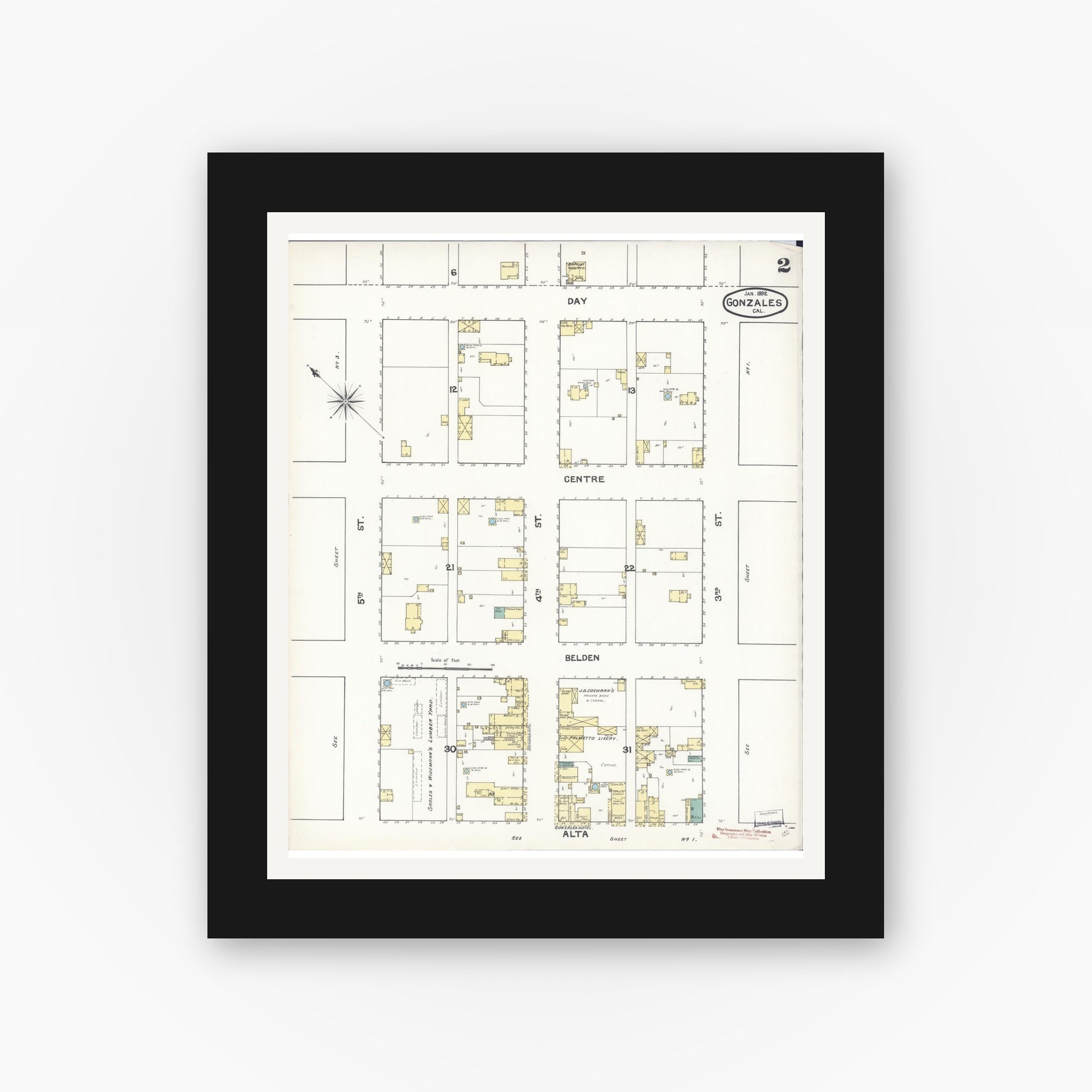 Old map wall art mockup — black gallery frame with white mat — Sanborn Fire Insurance Map from Gonzales, Monterey County, California (1892), Sheet #0002