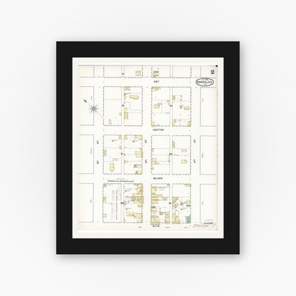 Old map wall art mockup — black gallery frame with white mat — Sanborn Fire Insurance Map from Gonzales, Monterey County, California (1892), Sheet #0002