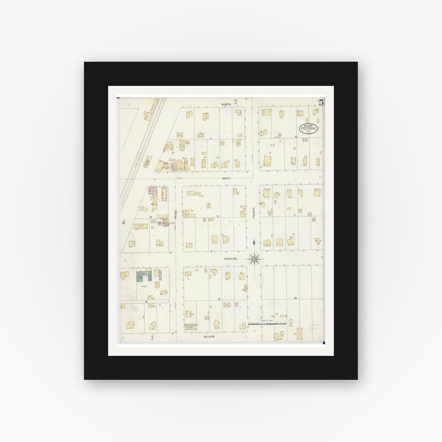 Old map wall art mockup — black gallery frame with white mat — Sanborn Fire Insurance Map from Peotone, Will County, Illinois (1907), Sheet #0005