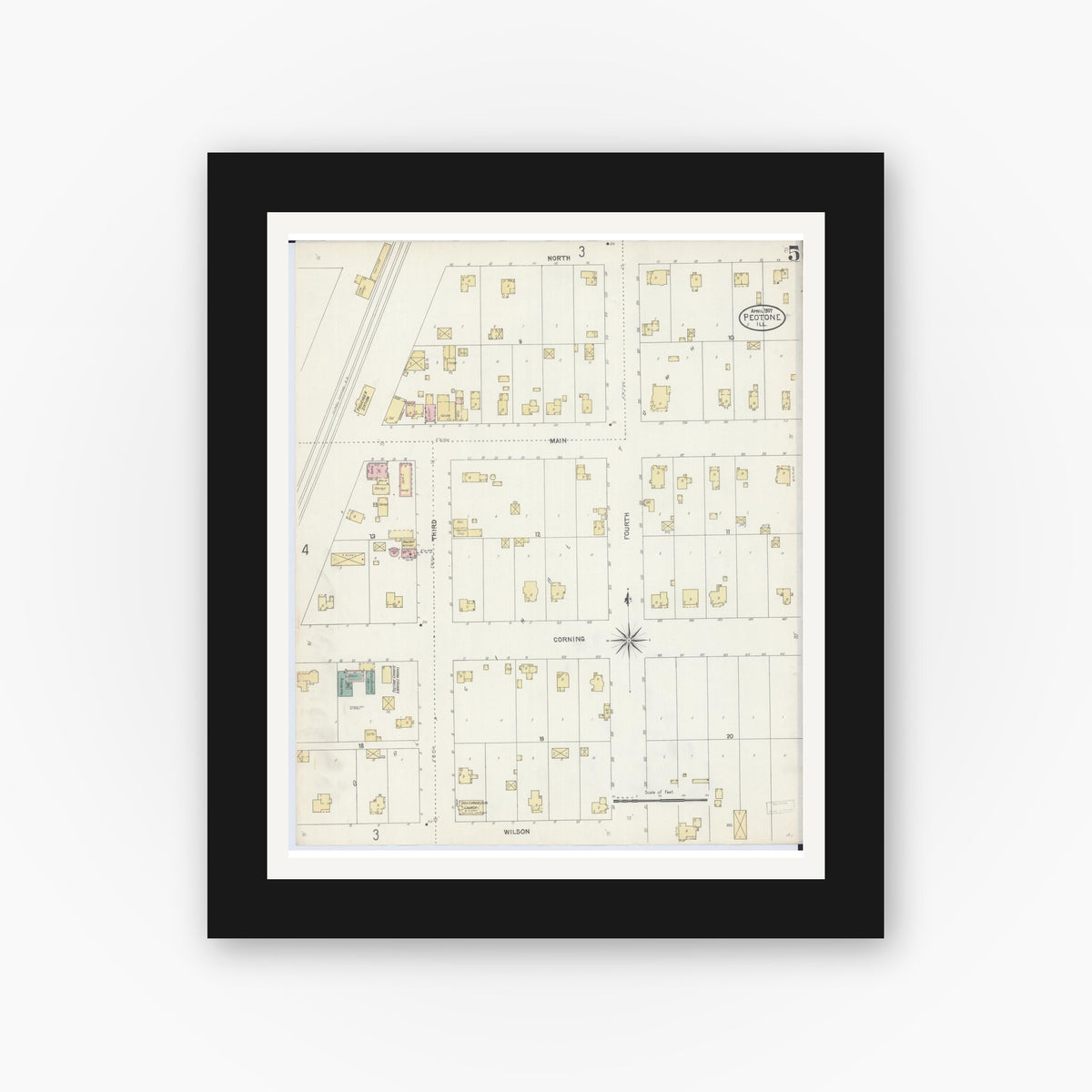 Old map wall art mockup — black gallery frame with white mat — Sanborn Fire Insurance Map from Peotone, Will County, Illinois (1907), Sheet #0005