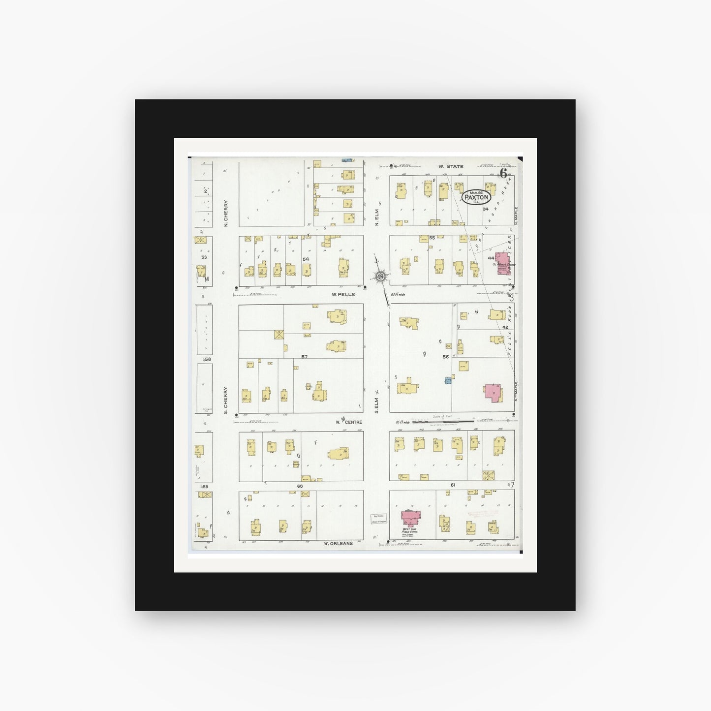 Old map wall art mockup — black gallery frame with white mat — Sanborn Fire Insurance Map from Paxton, Ford County, Illinois (1921), Sheet #0006