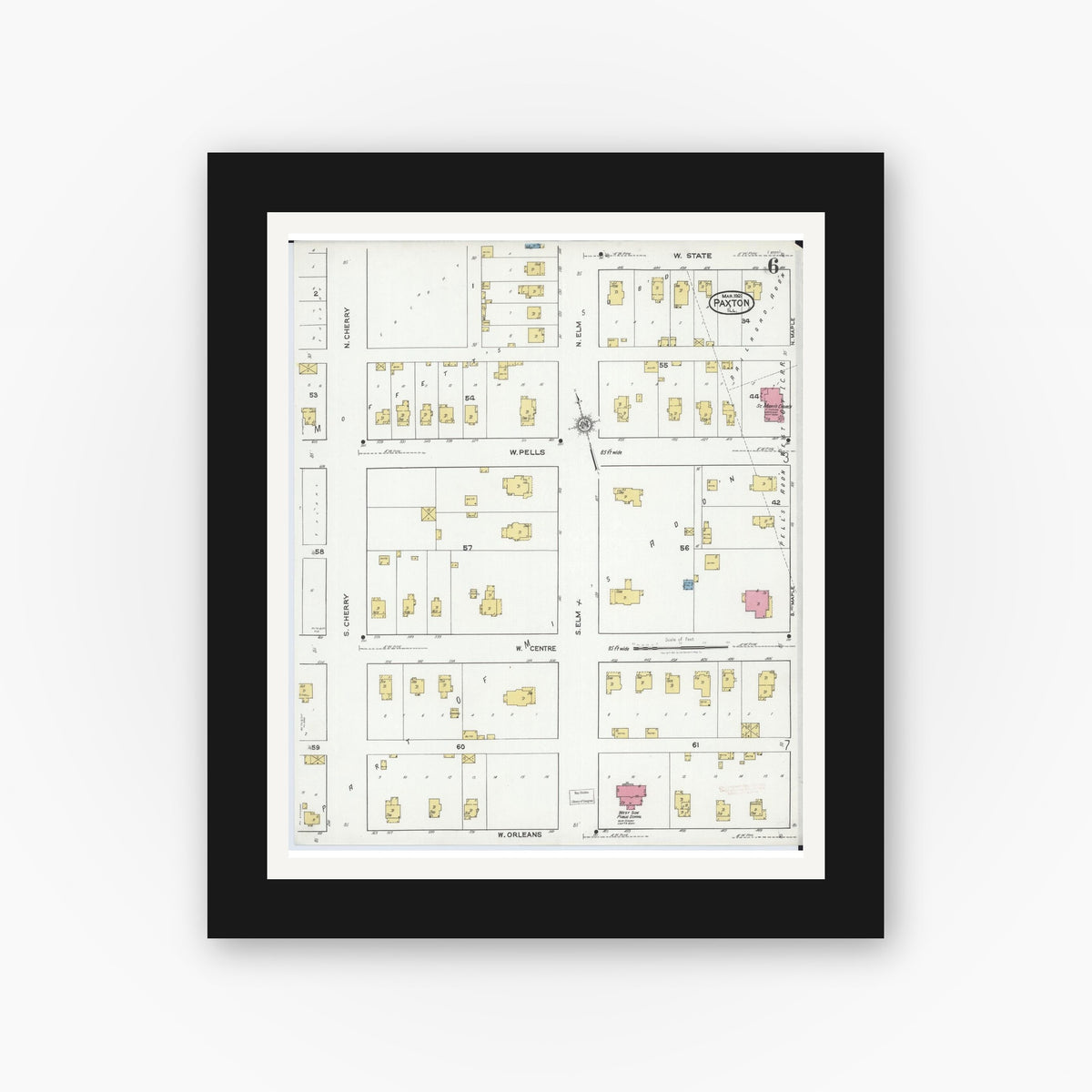 Old map wall art mockup — black gallery frame with white mat — Sanborn Fire Insurance Map from Paxton, Ford County, Illinois (1921), Sheet #0006