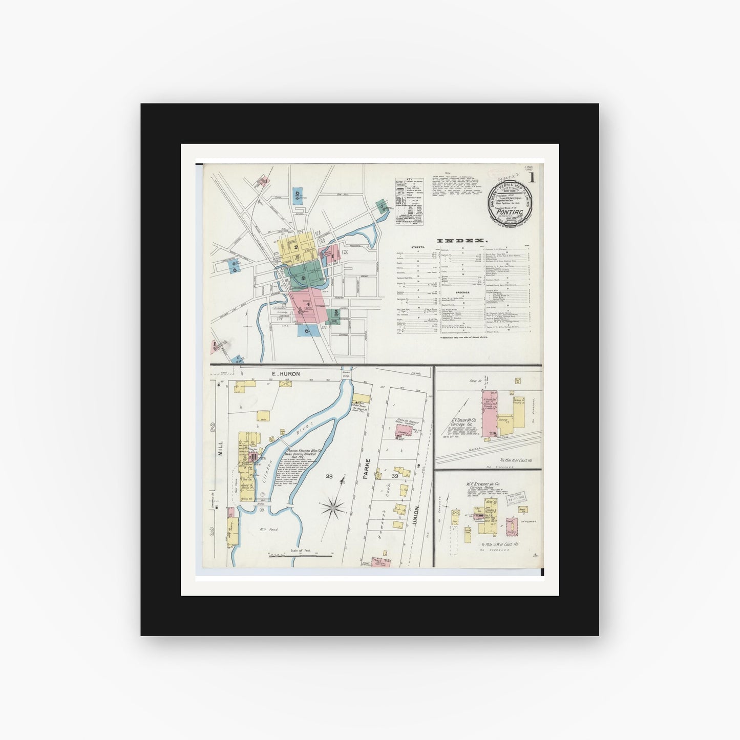 Old map wall art mockup — black gallery frame with white mat — Sanborn Fire Insurance Map from Pontiac, Oakland County, Michigan (1892) - Complete Map Set