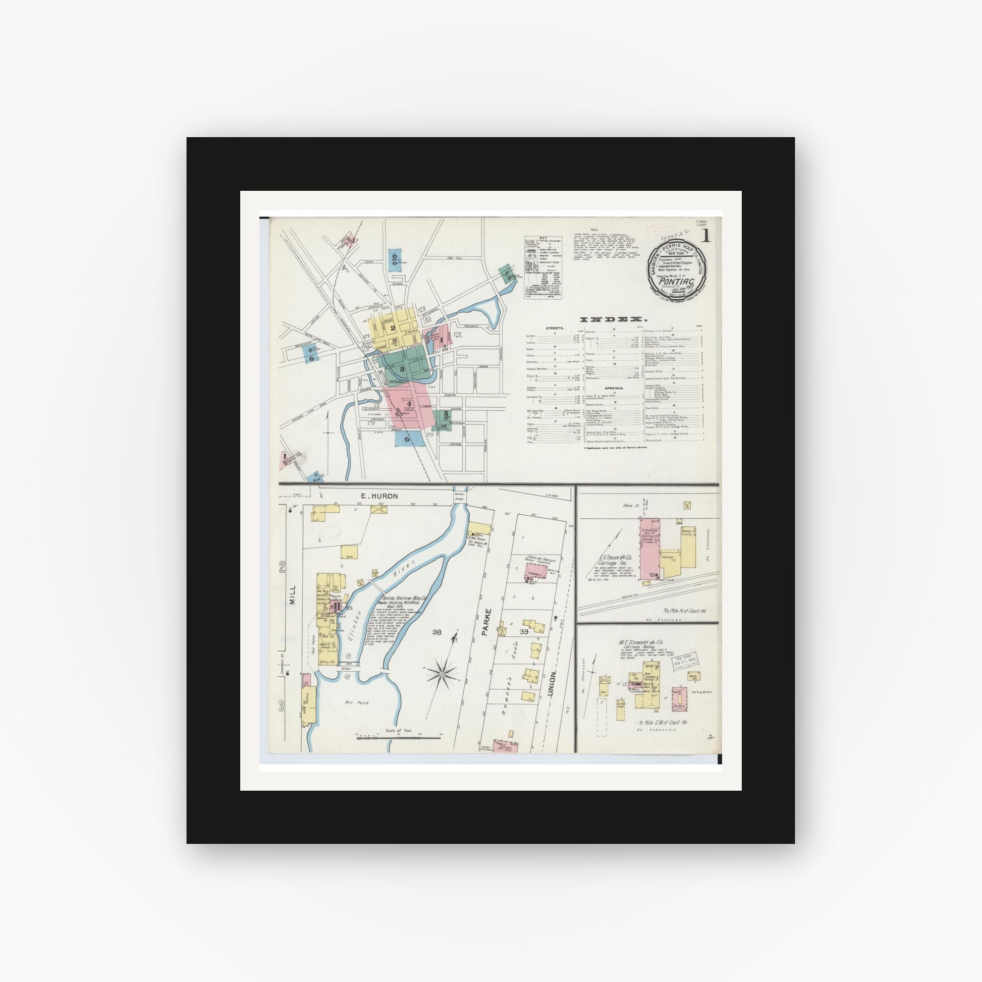 Old map wall art mockup — black gallery frame with white mat — Sanborn Fire Insurance Map from Pontiac, Oakland County, Michigan (1892) - Complete Map Set