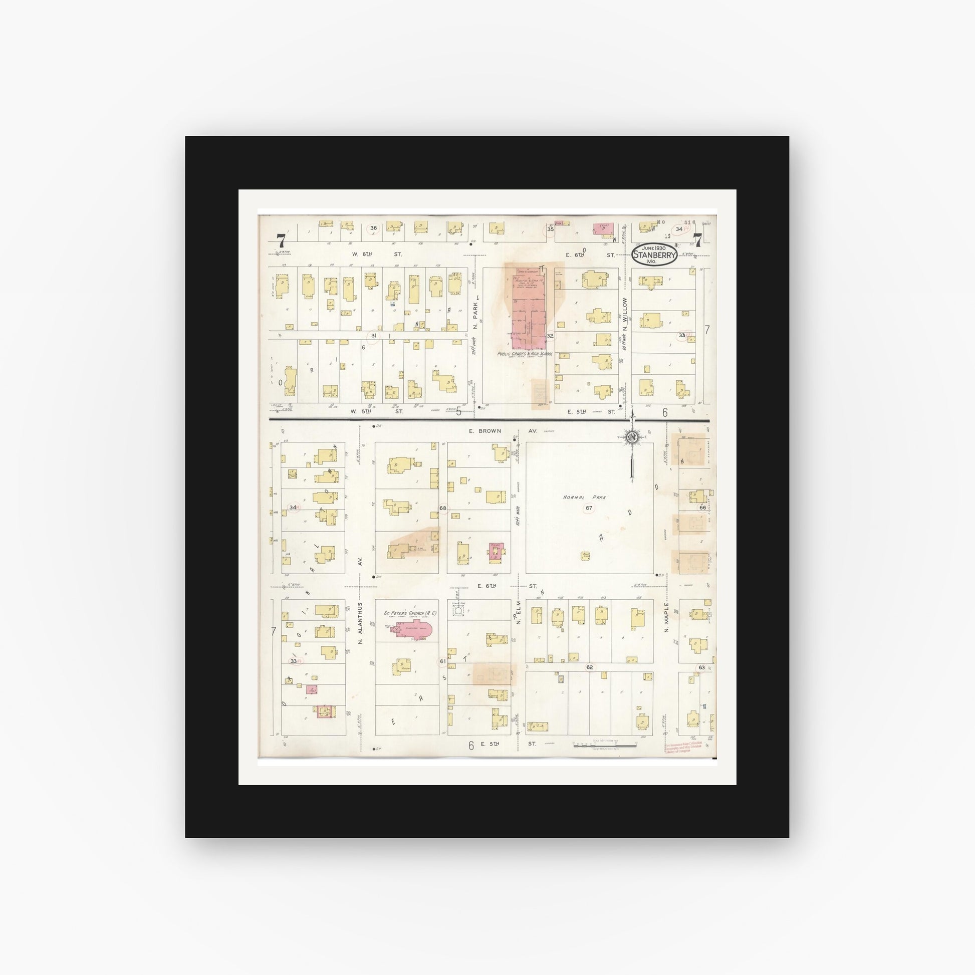 Old map wall art mockup — black gallery frame with white mat — Sanborn Fire Insurance Map from Stanberry, Gentry County, Missouri (1940), Sheet #0007