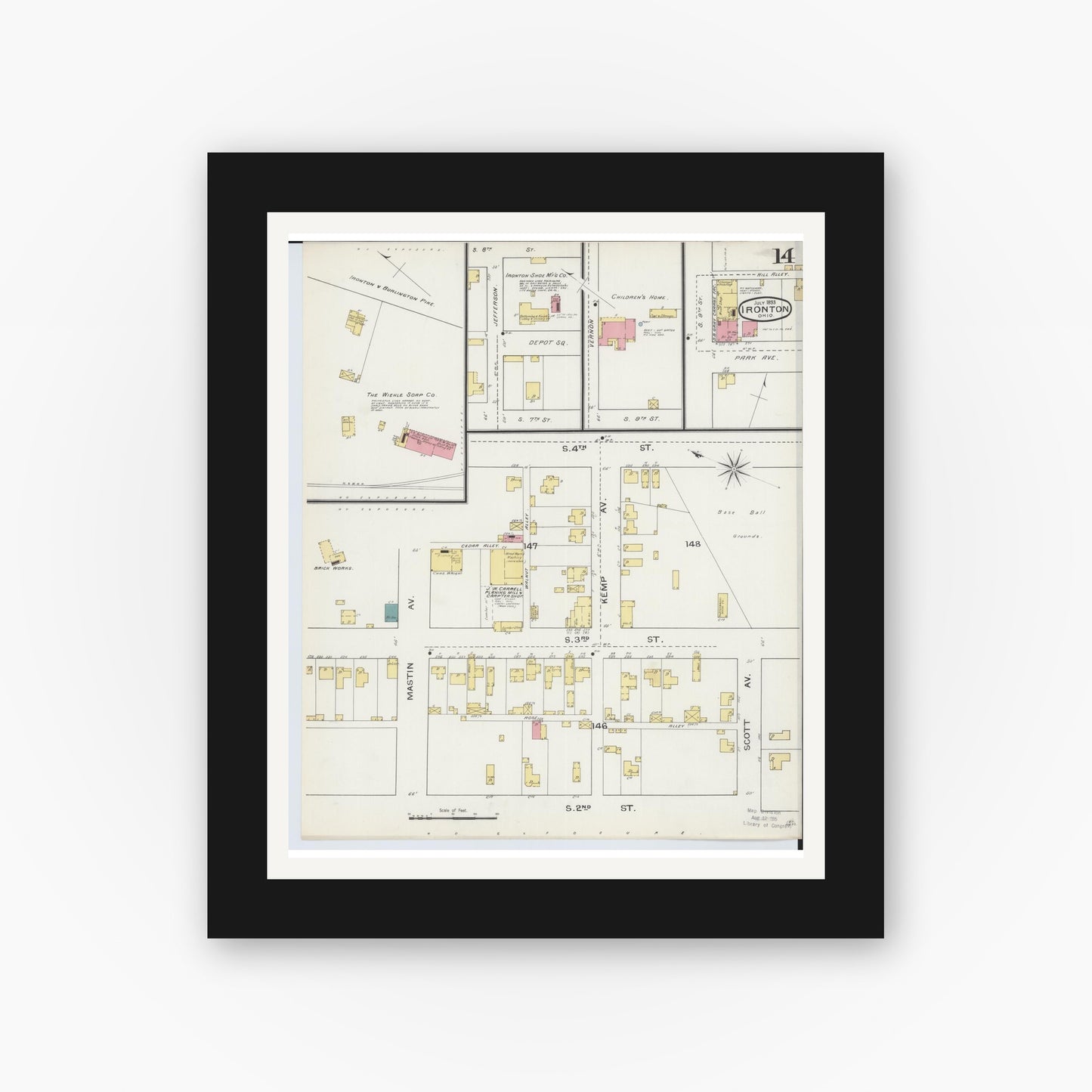Old map wall art mockup — black gallery frame with white mat — Sanborn Fire Insurance Map from Ironton, Lawrence County, Ohio (1893), Sheet #0014