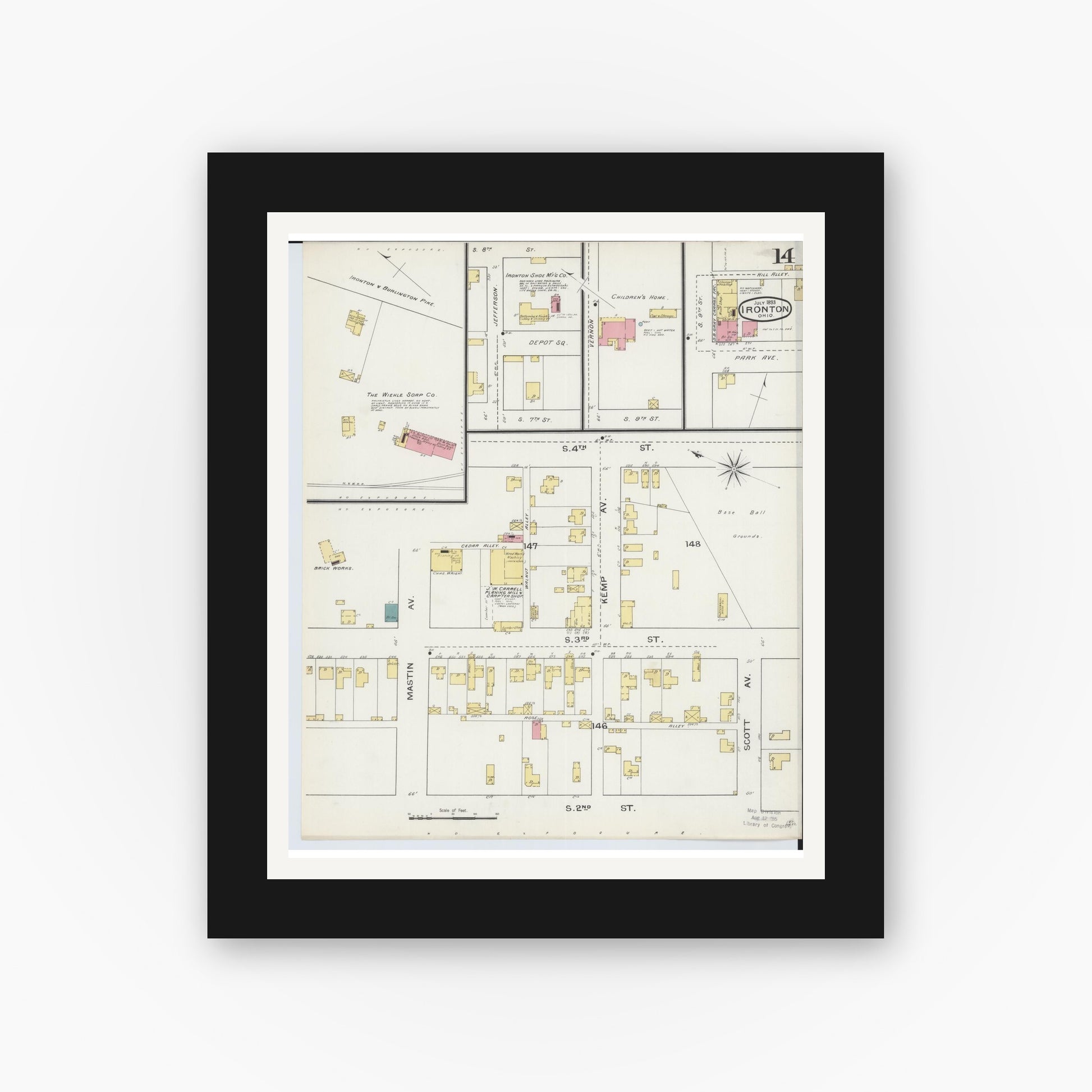 Old map wall art mockup — black gallery frame with white mat — Sanborn Fire Insurance Map from Ironton, Lawrence County, Ohio (1893), Sheet #0014
