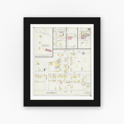 Old map wall art mockup — black gallery frame with white mat — Sanborn Fire Insurance Map from Ironton, Lawrence County, Ohio (1893), Sheet #0014