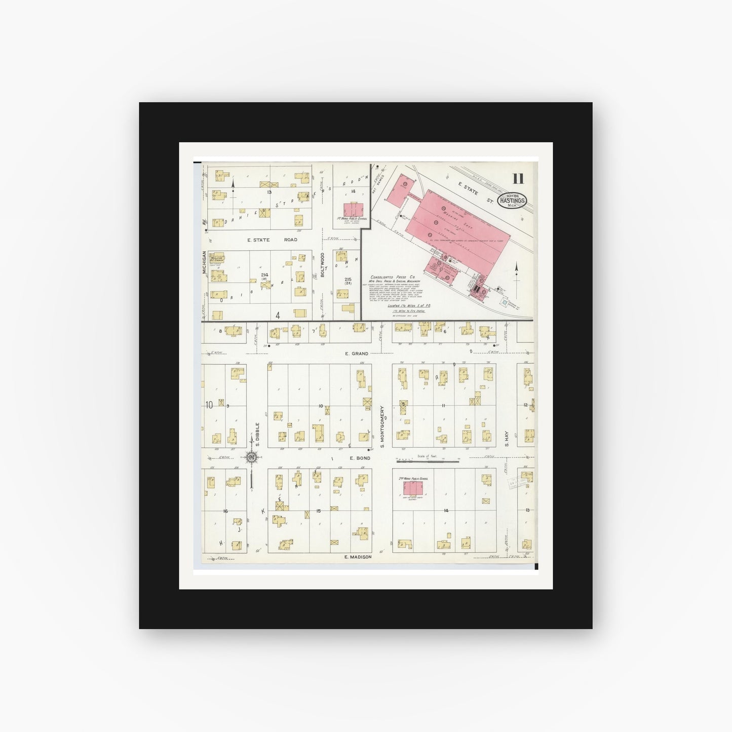 Old map wall art mockup — black gallery frame with white mat — Sanborn Fire Insurance Map from Hastings, Barry County, Michigan (1916), Sheet #0011