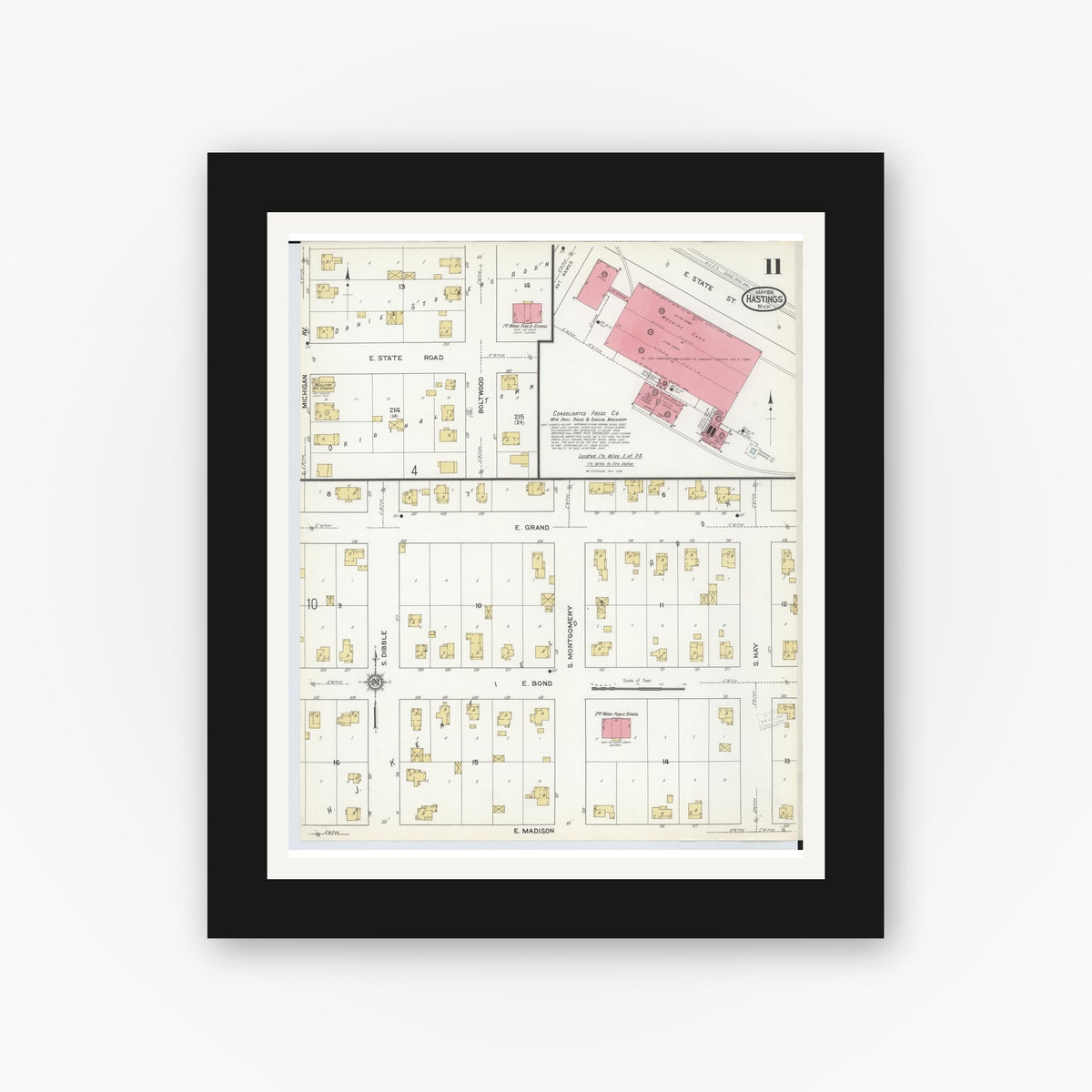 Old map wall art mockup — black gallery frame with white mat — Sanborn Fire Insurance Map from Hastings, Barry County, Michigan (1916), Sheet #0011