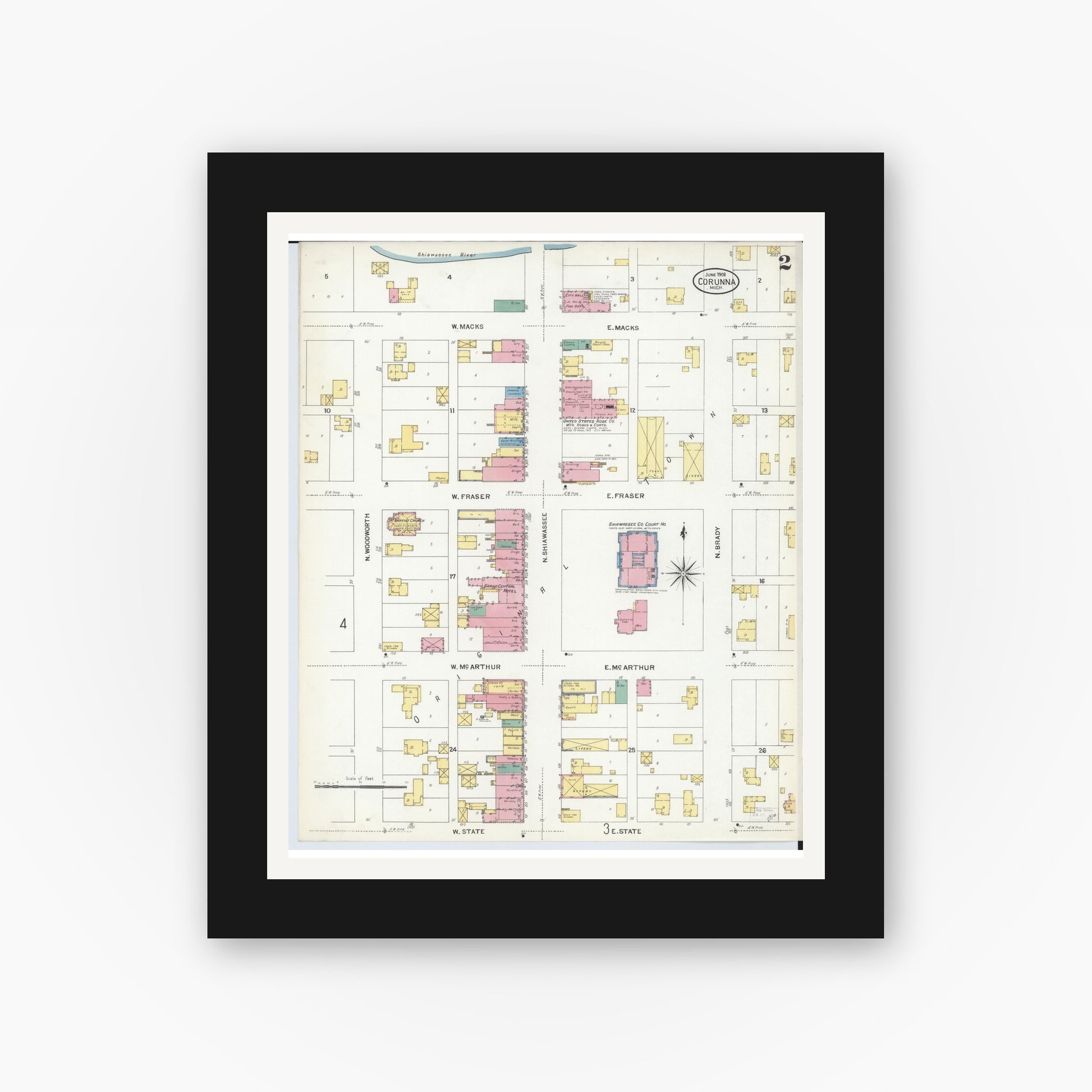 Old map wall art mockup — black gallery frame with white mat — Sanborn Fire Insurance Map from Corunna, Shiawassee County, Michigan (1908), Sheet #0002