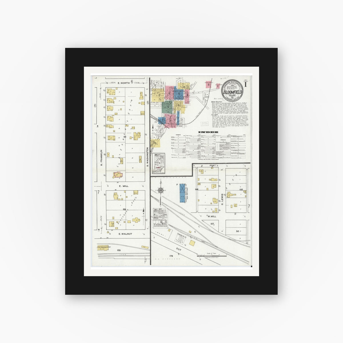 Old map wall art mockup — black gallery frame with white mat — Sanborn Fire Insurance Map from Bloomfield, Greene County, Indiana (1921), Sheet #0001