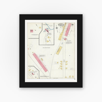 Old map wall art mockup — black gallery frame with white mat — Sanborn Fire Insurance Map from Henderson, Vance County, North Carolina (1917), Sheet #0019