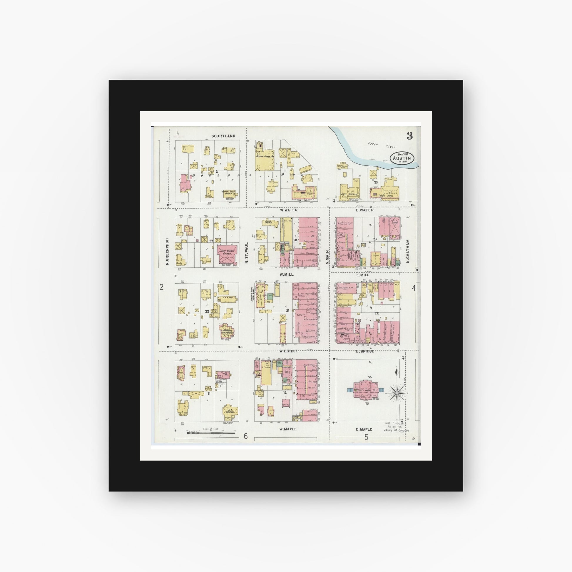 Old map wall art mockup — black gallery frame with white mat — Sanborn Fire Insurance Map from Austin, Mower County, Minnesota (1899), Sheet #0003