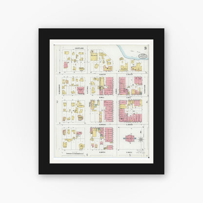 Old map wall art mockup — black gallery frame with white mat — Sanborn Fire Insurance Map from Austin, Mower County, Minnesota (1899), Sheet #0003