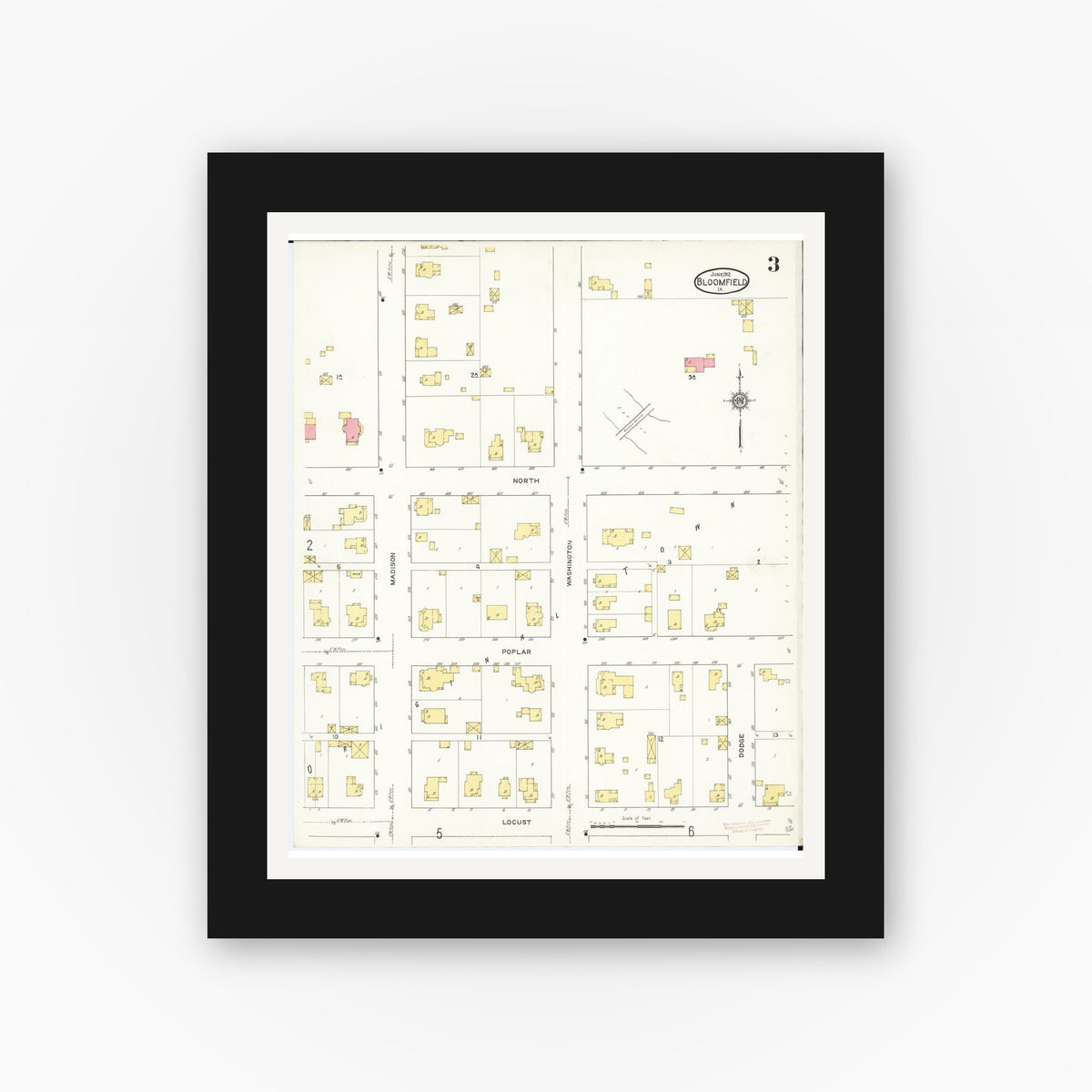 Old map wall art mockup — black gallery frame with white mat — Sanborn Fire Insurance Map from Bloomfield, Davis County, Iowa (1913), Sheet #0003