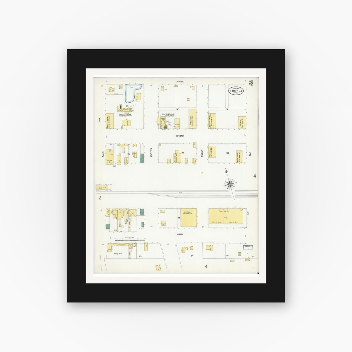Old map wall art mockup — black gallery frame with white mat — Sanborn Fire Insurance Map from Forney, Kaufman County, Texas (1901), Sheet #0003
