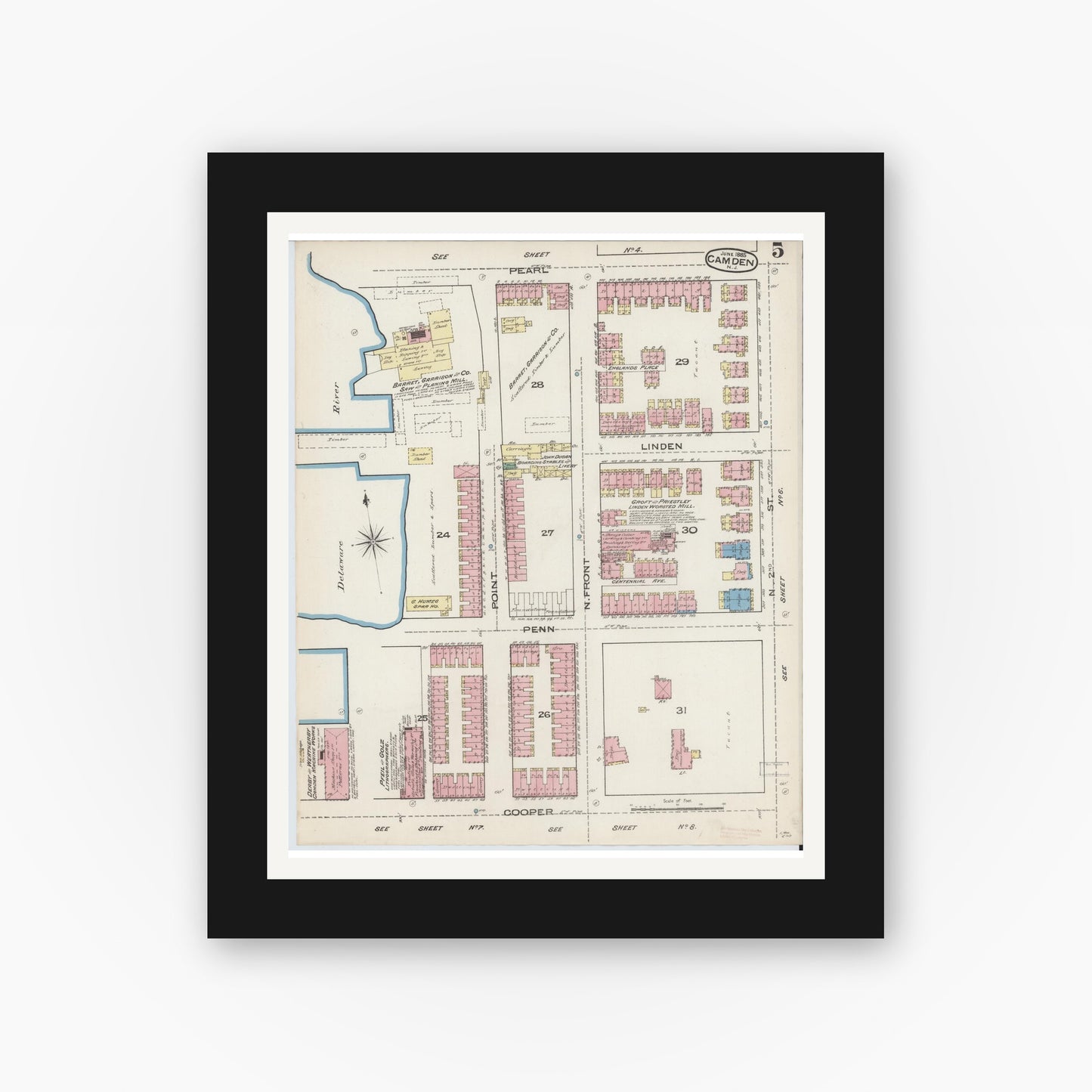 Old map wall art mockup — black gallery frame with white mat — Sanborn Fire Insurance Map from Camden, Camden County, New Jersey (1885), Sheet #0005