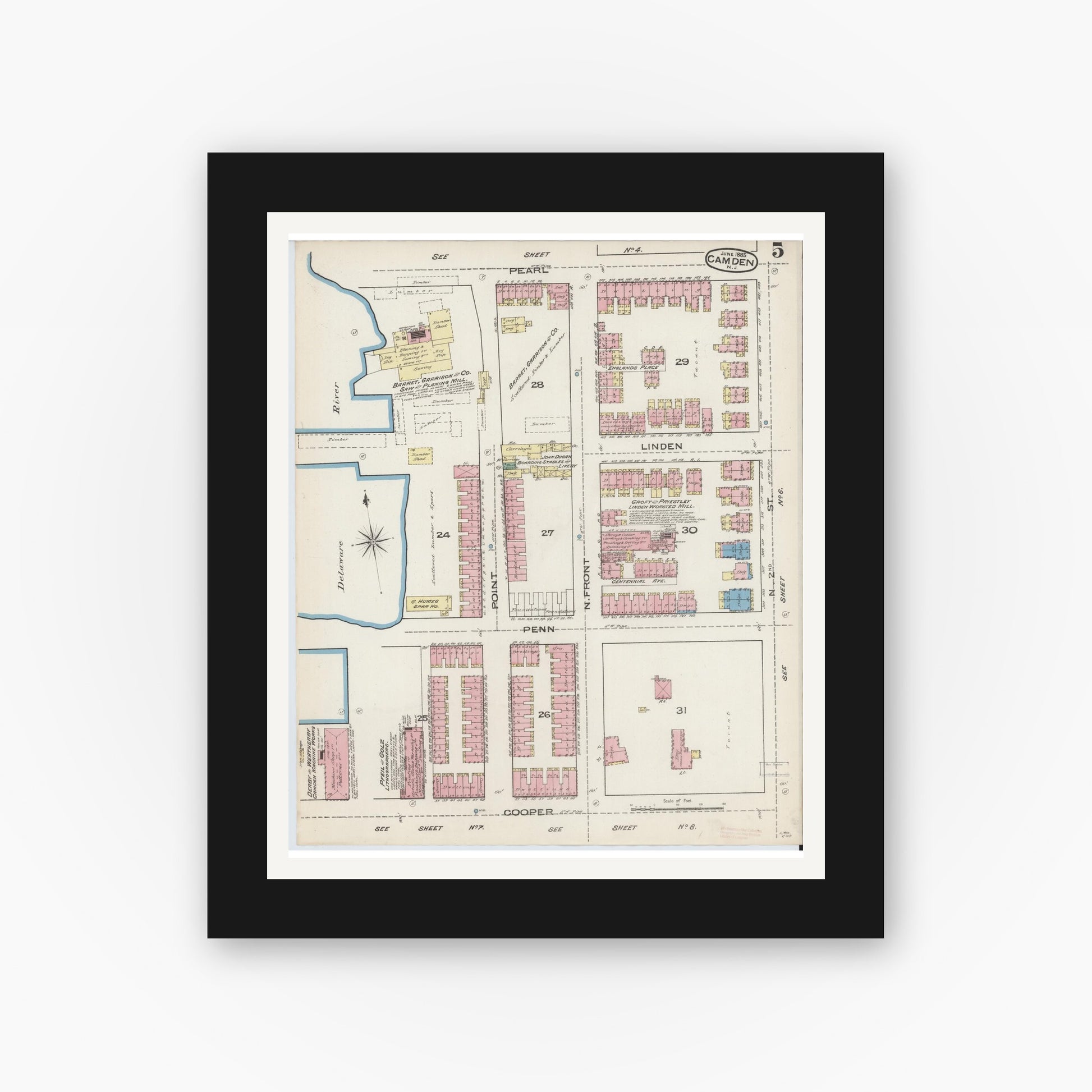 Old map wall art mockup — black gallery frame with white mat — Sanborn Fire Insurance Map from Camden, Camden County, New Jersey (1885), Sheet #0005