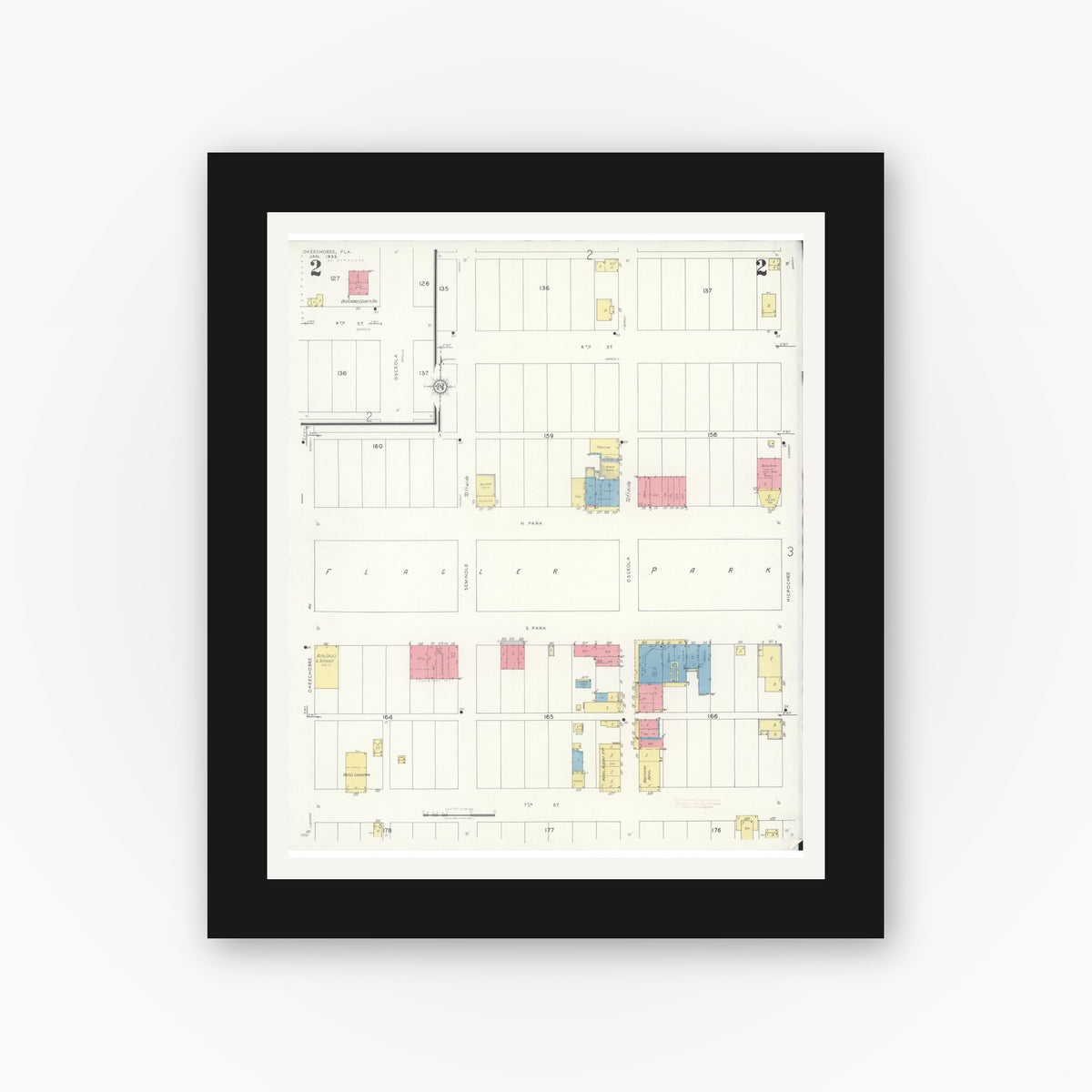 Old map wall art mockup — black gallery frame with white mat — Sanborn Fire Insurance Map from Okeechobee, Okeechobee County, Florida (1933), Sheet #0002