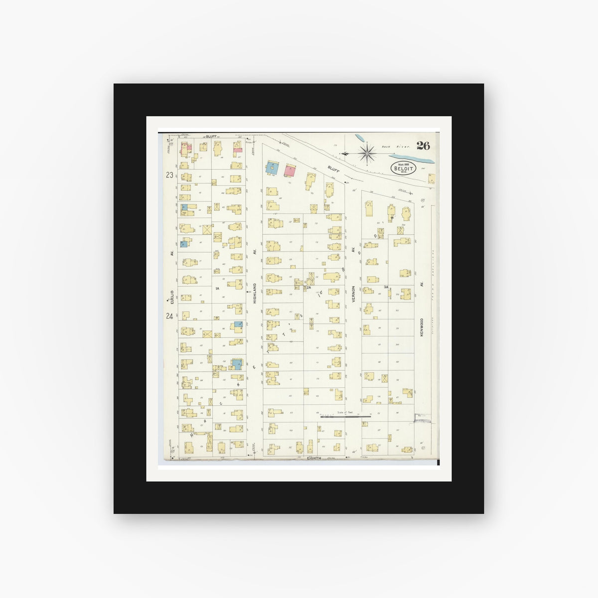 Old map wall art mockup — black gallery frame with white mat — Sanborn Fire Insurance Map from Beloit, Rock County, Wisconsin (1908), Sheet #0026