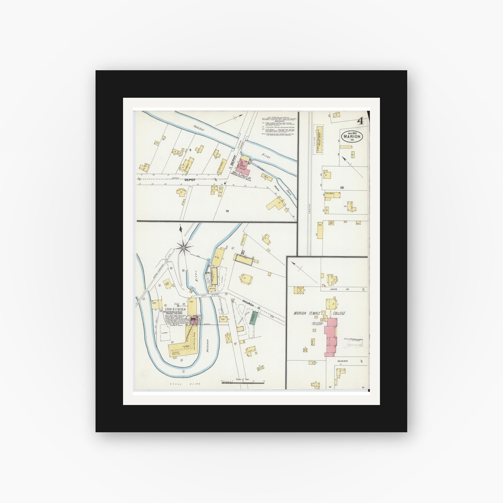 Old map wall art mockup — black gallery frame with white mat — Sanborn Fire Insurance Map from Marion, Smyth County, Virginia (1902), Sheet #0004