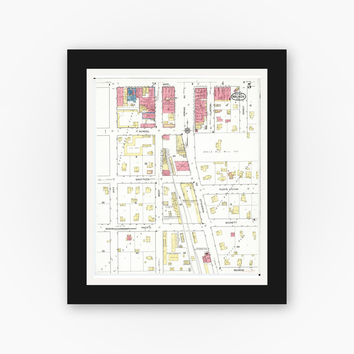Old map wall art mockup — black gallery frame with white mat — Sanborn Fire Insurance Map from Waukon, Allamakee County, Iowa (1920), Sheet #0005