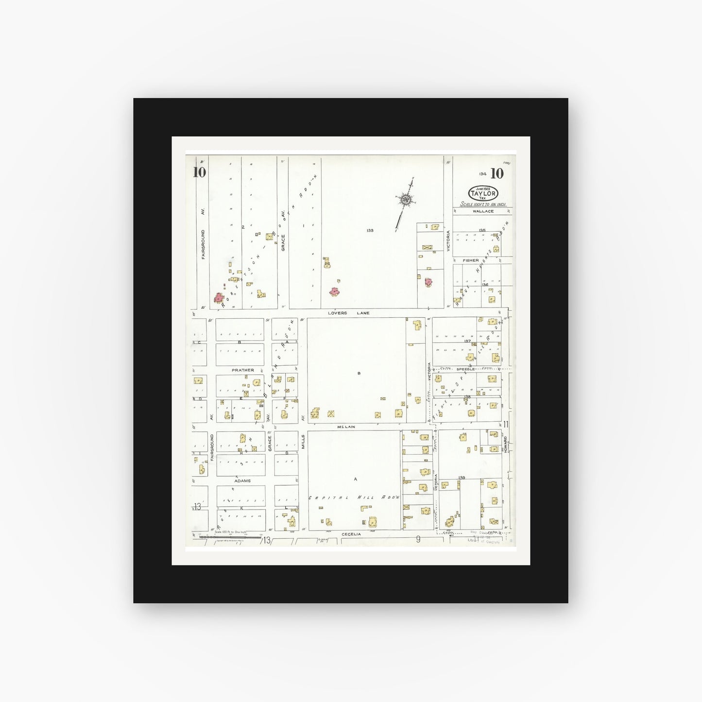 Old map wall art mockup — black gallery frame with white mat — Sanborn Fire Insurance Map from Taylor, Williamson County, Texas (1923), Sheet #0010