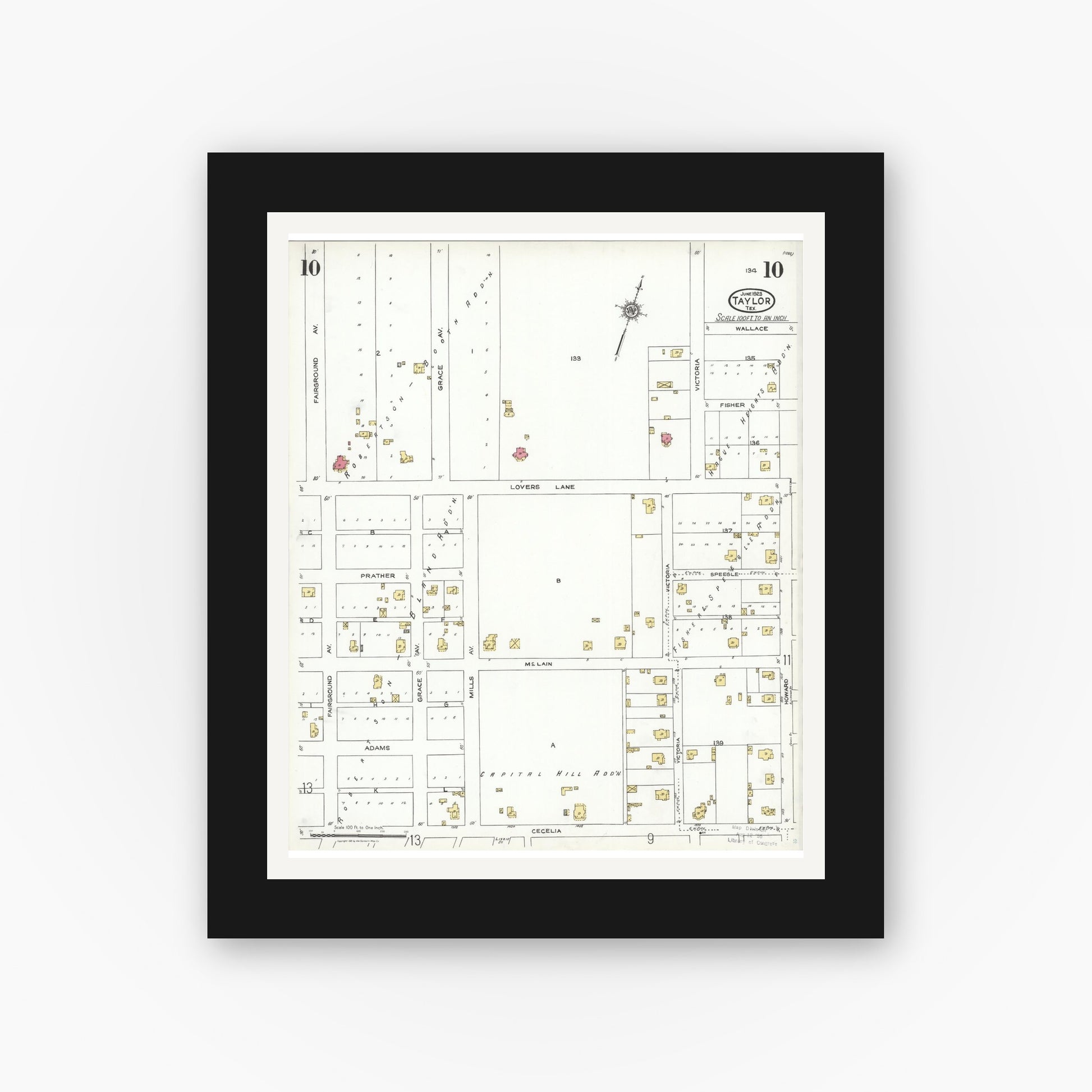 Old map wall art mockup — black gallery frame with white mat — Sanborn Fire Insurance Map from Taylor, Williamson County, Texas (1923), Sheet #0010