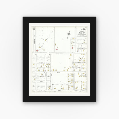 Old map wall art mockup — black gallery frame with white mat — Sanborn Fire Insurance Map from Taylor, Williamson County, Texas (1923), Sheet #0010