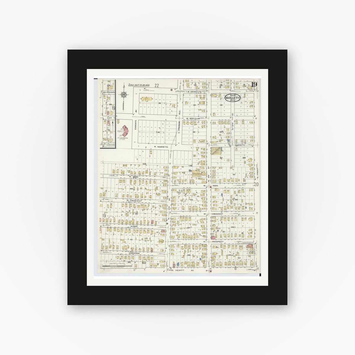 Old map wall art mockup — black gallery frame with white mat — Sanborn Fire Insurance Map from Marquette, Marquette County, Michigan (1917), Sheet #0019